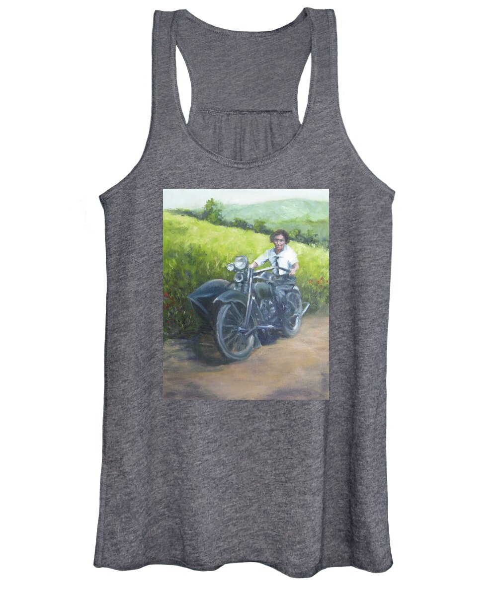 Motorcycle Women's Tank Top featuring the painting Gramma and the Harley by Connie Schaertl