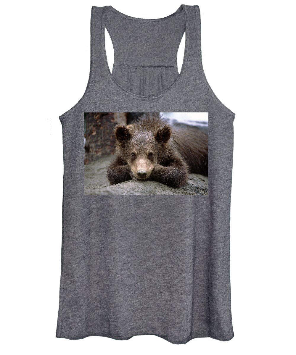 Animal Women's Tank Top featuring the photograph Grizzly Bear Cub Laying On Ground by Doug Lindstrand
