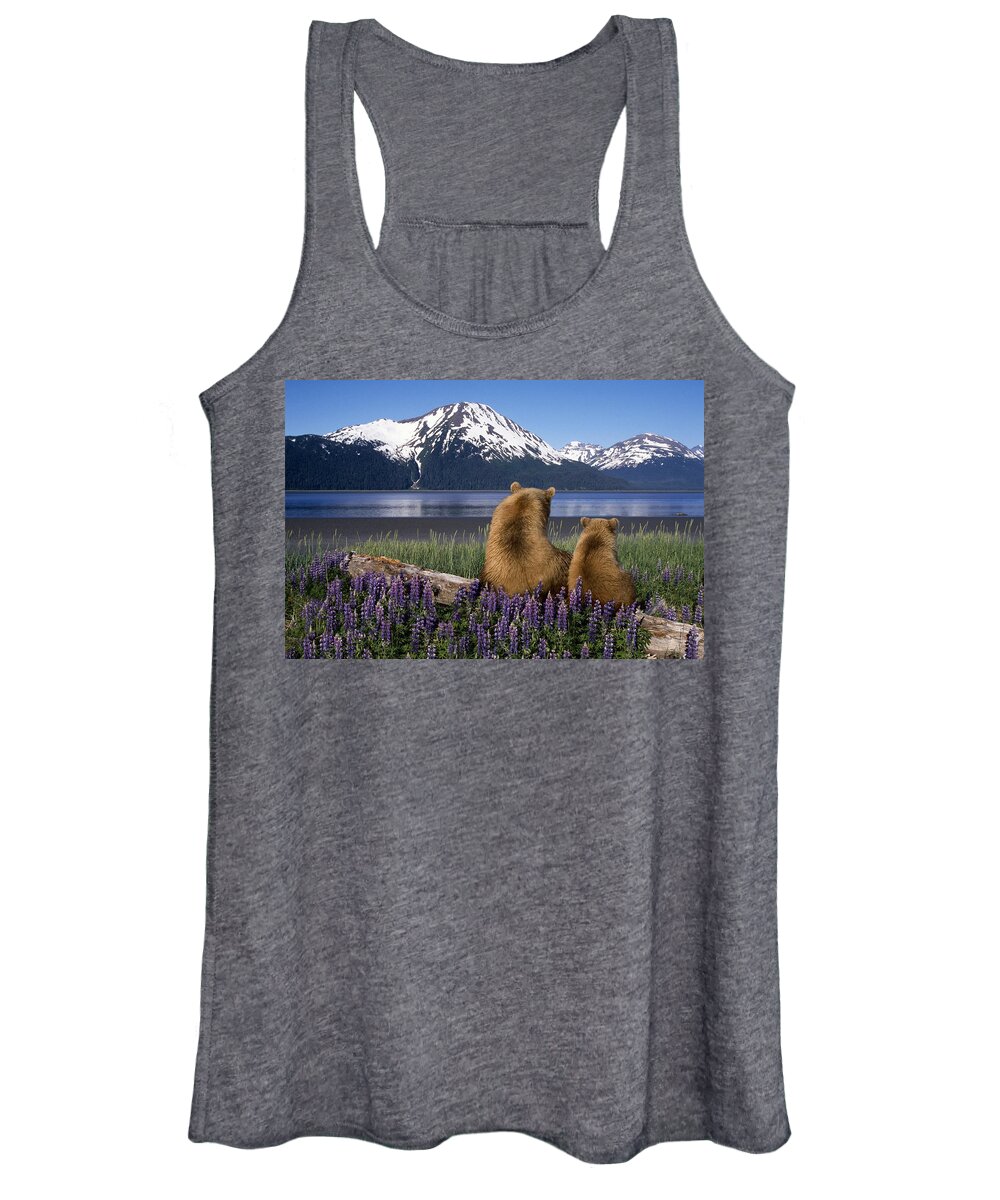 Contemplation Women's Tank Top featuring the photograph Grizzly Sow & Cub Sit On Log & View by Composite Image