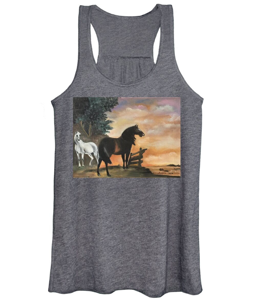 Art Women's Tank Top featuring the painting Horses In A Field by Ryszard Ludynia