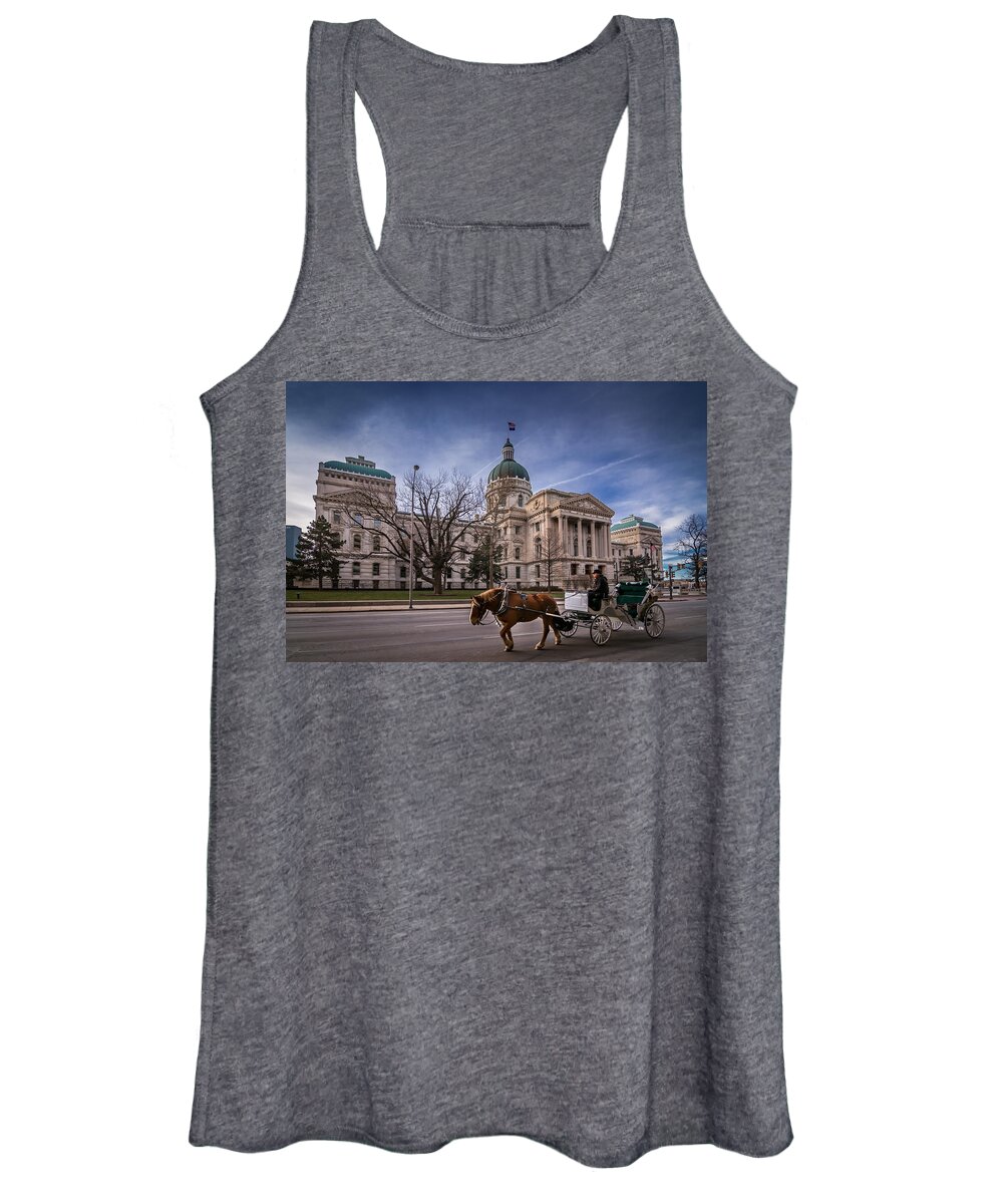 Indiana Women's Tank Top featuring the photograph Indiana Capital Building - Front with Horse Passing by Ron Pate