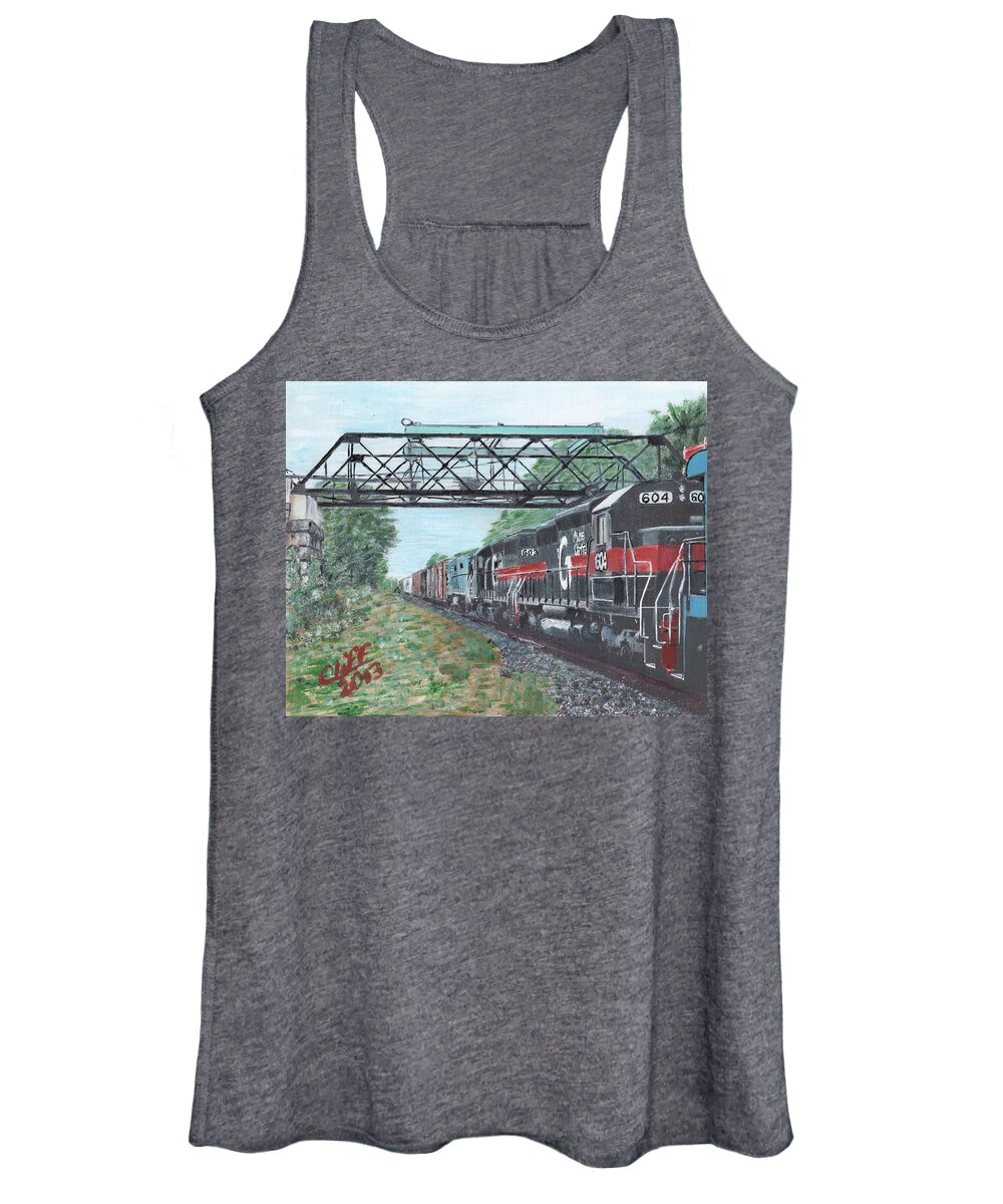 Trains Women's Tank Top featuring the painting Last Train Under the Bridge by Cliff Wilson