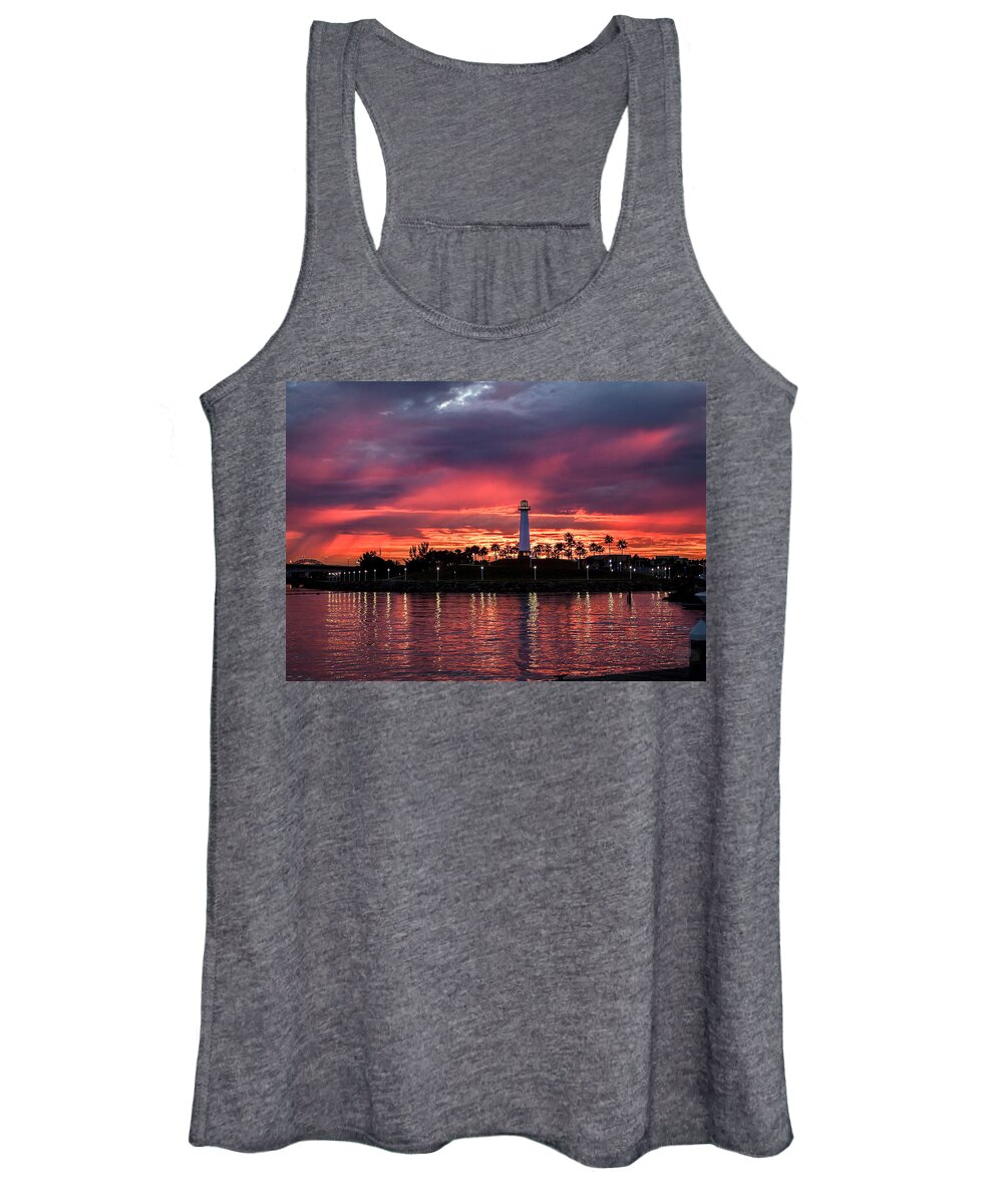 Long Beach Ca Women's Tank Top featuring the photograph Lighthouse In A Fire Sky for sale version By Denise Dube by Denise Dube