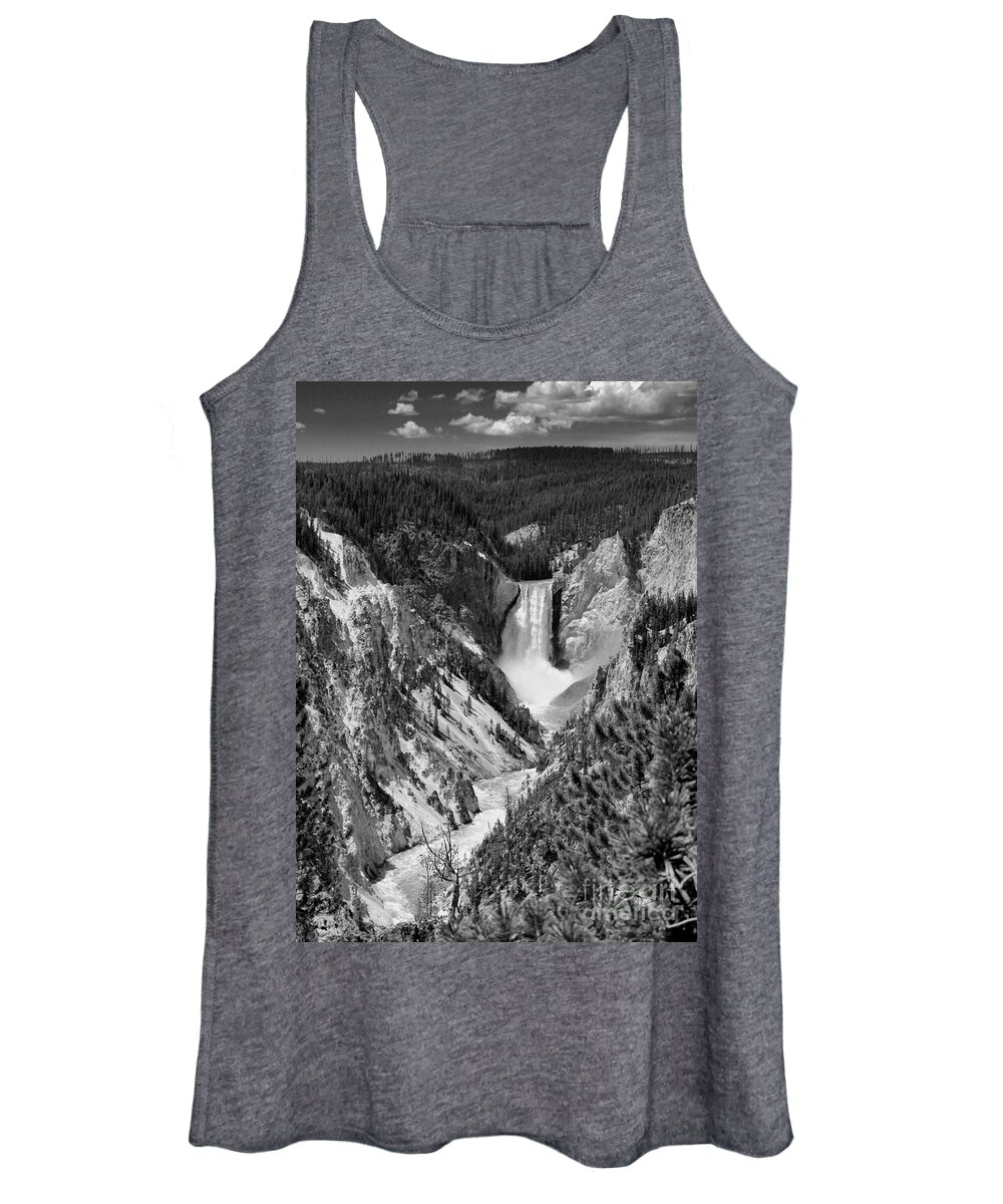 Waterfall Women's Tank Top featuring the photograph Lower Falls of Yellowstone B W by Jemmy Archer