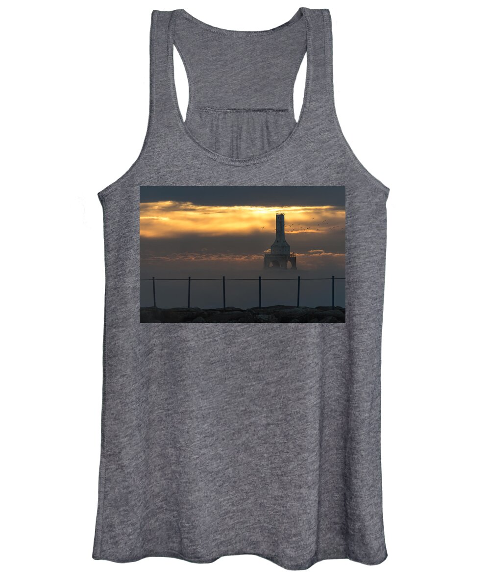  #cold #fog #foggy #icon #landscape #lighthouse #maritime #mist #mood #moody #navigation #sailing #seagull #seascape #sunrise #view Women's Tank Top featuring the photograph Many Moods by James Meyer