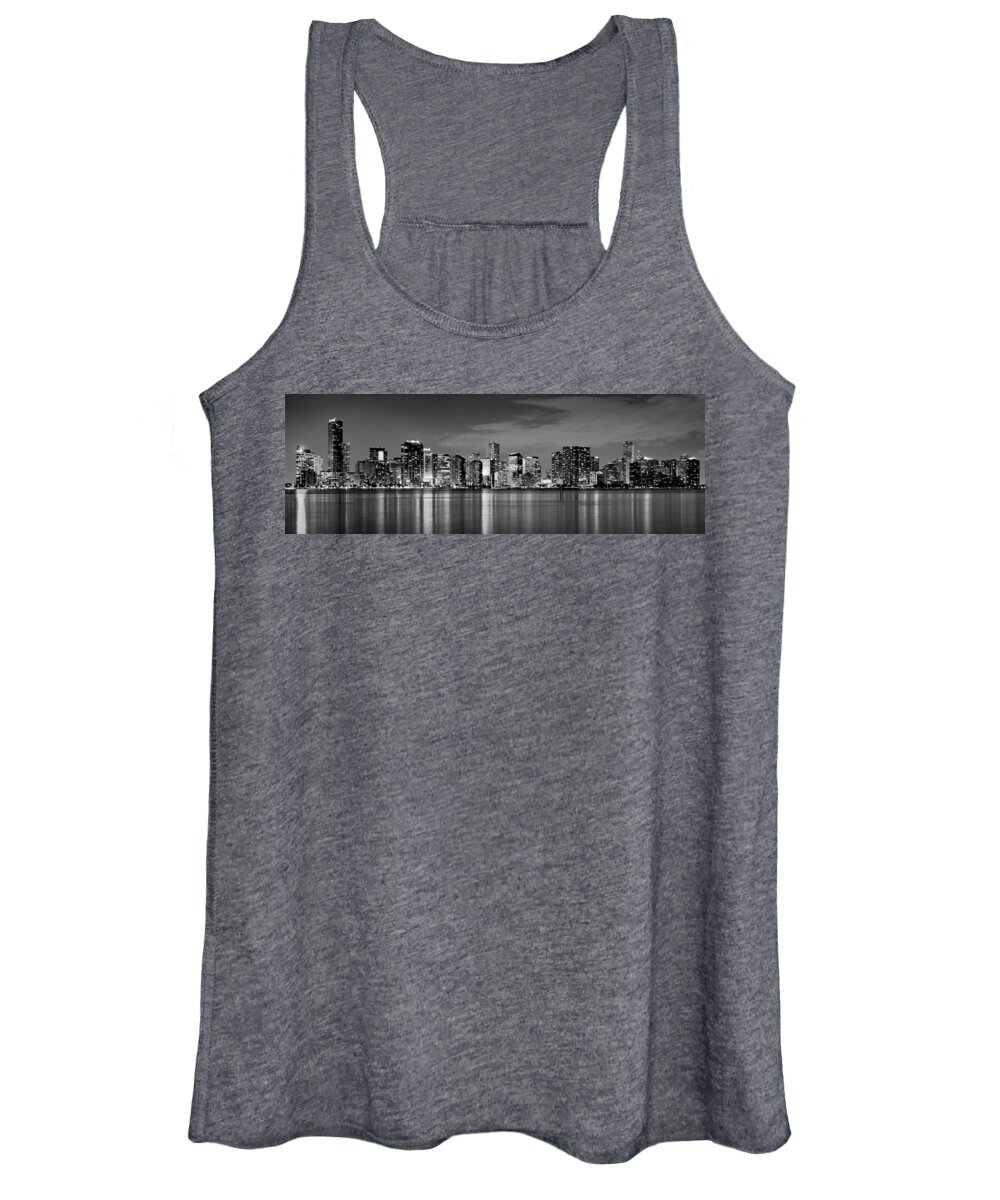 Miami Women's Tank Top featuring the photograph Miami Skyline at Dusk Black and White BW Panorama by Jon Holiday