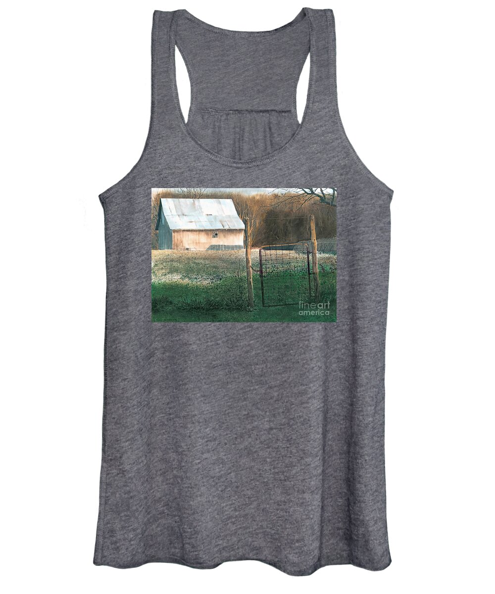 A Small Barn On A Small Farm In Missouri Glows In The Lowering Evening Sun Of Another Quiet Day In The Country. Women's Tank Top featuring the painting Milking Time by Monte Toon