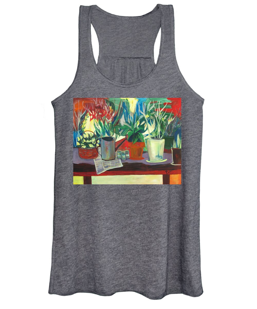 Painting Of House Plants Women's Tank Top featuring the painting Not Your Grandpa's Potting Stand by Betty Pieper
