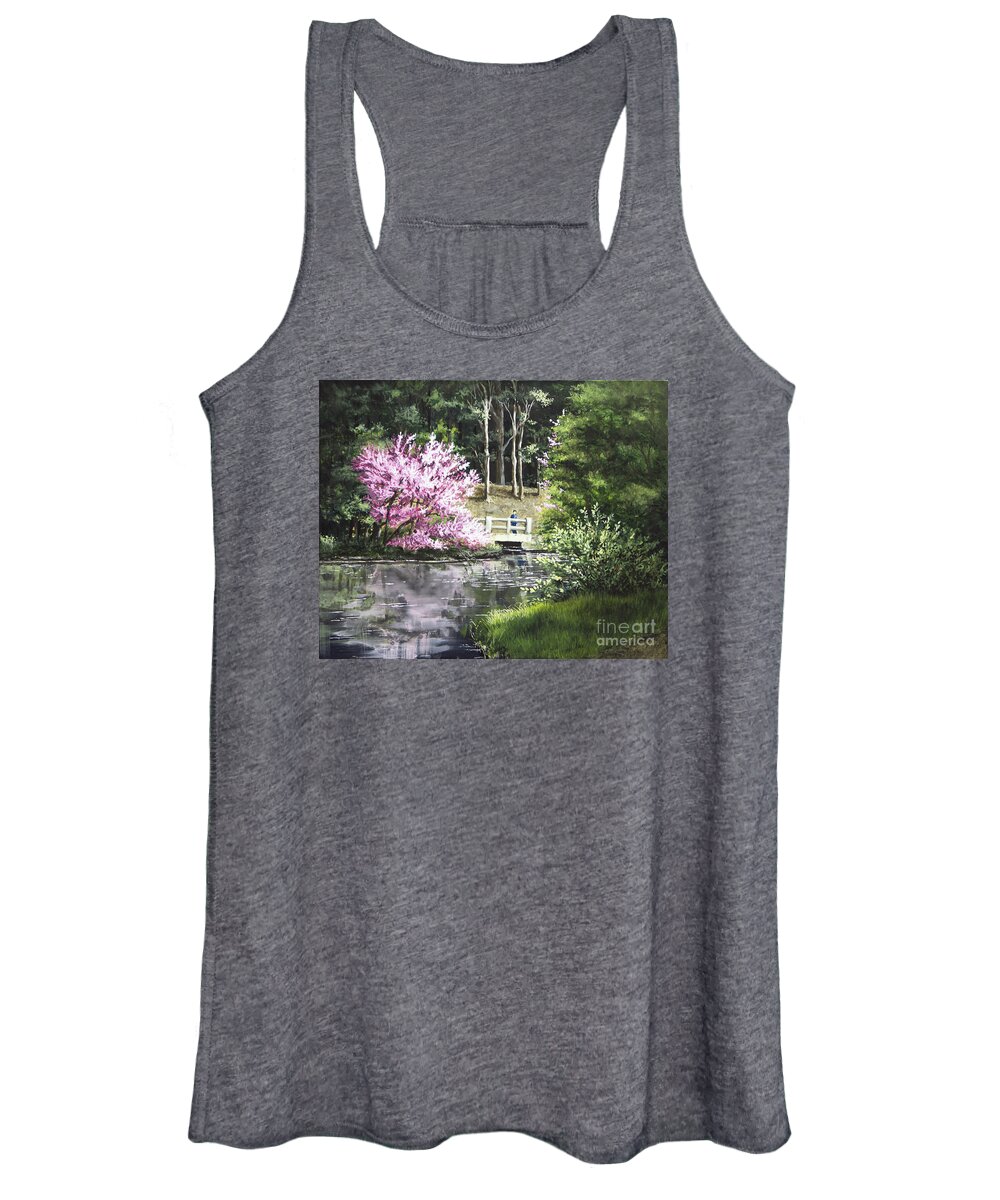 Landscape Women's Tank Top featuring the painting Reflections of Spring by Mary Palmer
