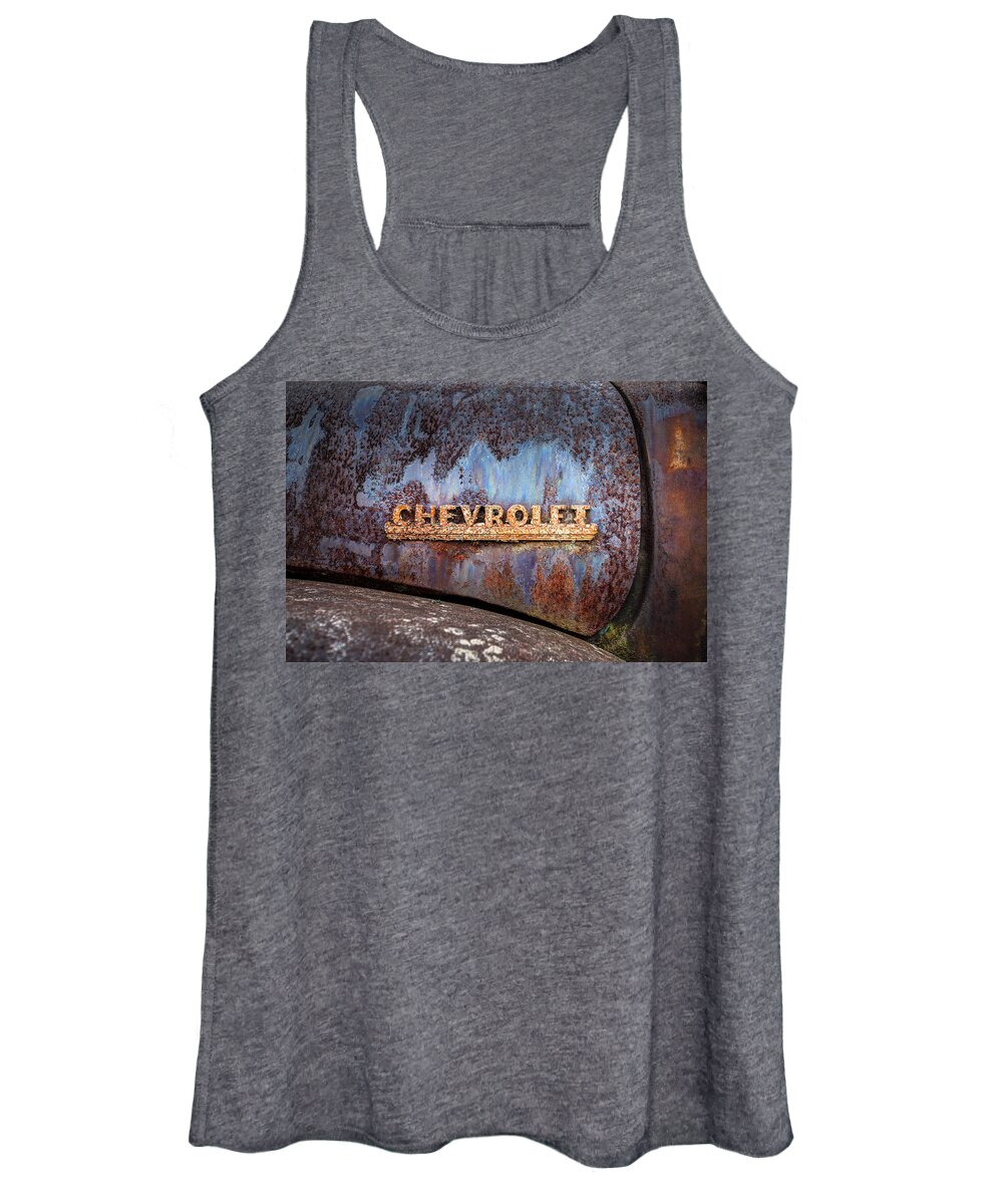 Chevrolet Women's Tank Top featuring the photograph Rusty Chevrolet - Nameplate - Old Chevy Sign by Gary Heller