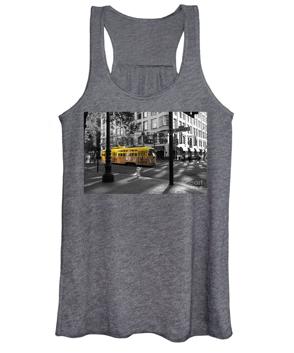 San Francisco Women's Tank Top featuring the photograph San Francisco Vintage Streetcar on Market Street - 5D19798 - Black and White and Yellow by Wingsdomain Art and Photography