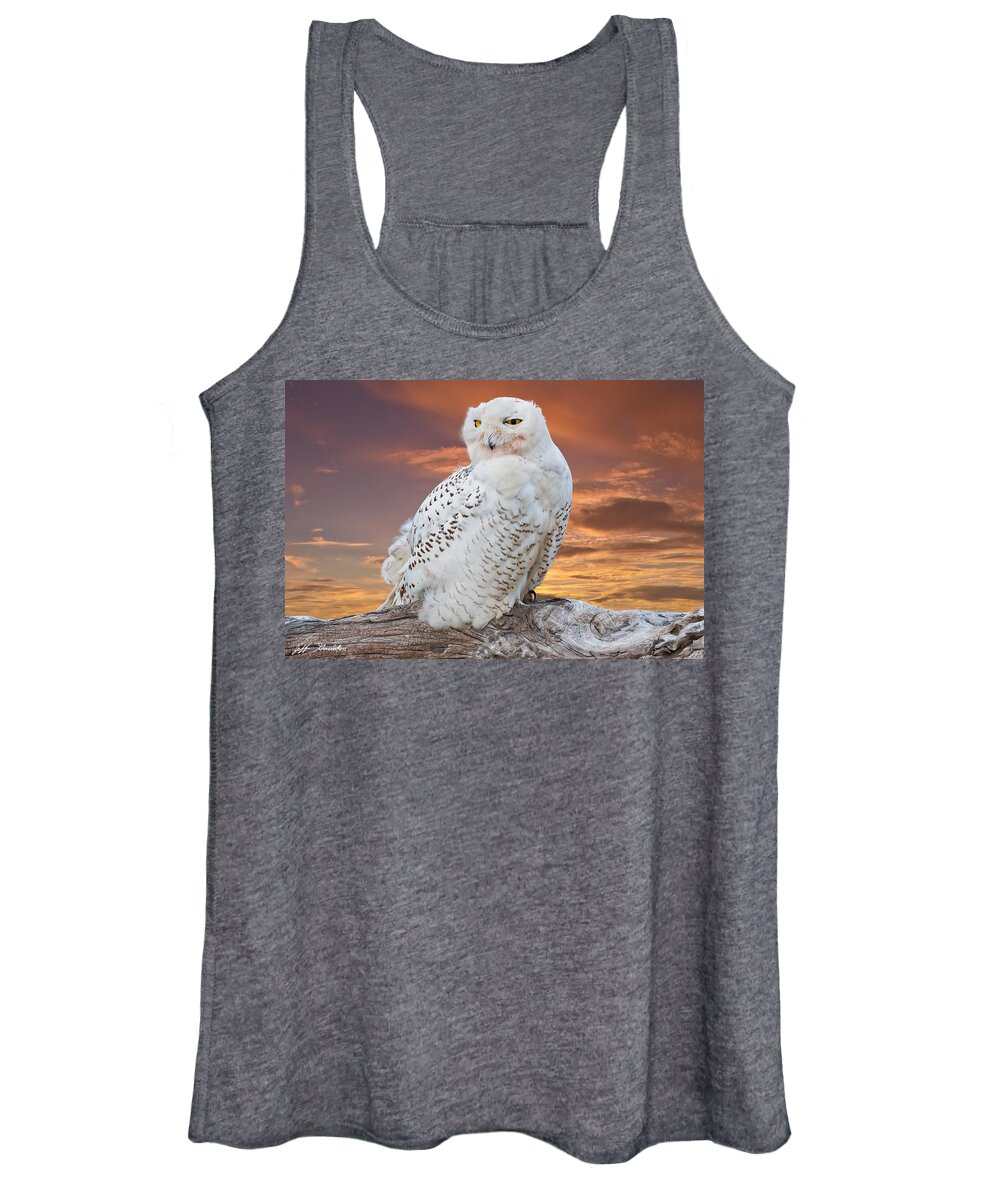 Animal Women's Tank Top featuring the photograph Snowy Owl Perched at Sunset by Jeff Goulden
