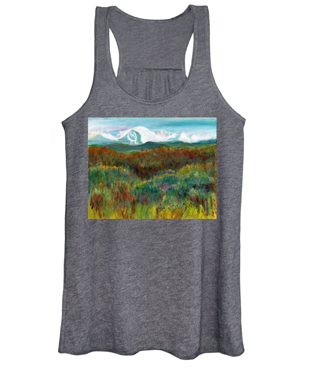 C Sitton Paintings Women's Tank Top featuring the painting Spanish Peaks Evening by C Sitton