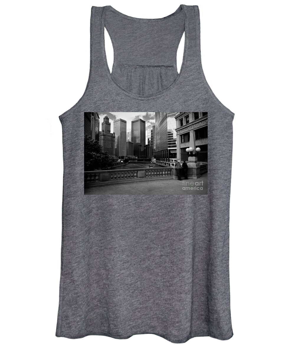 Usa Women's Tank Top featuring the photograph Summer on the Chicago River - Black and White by Frank J Casella