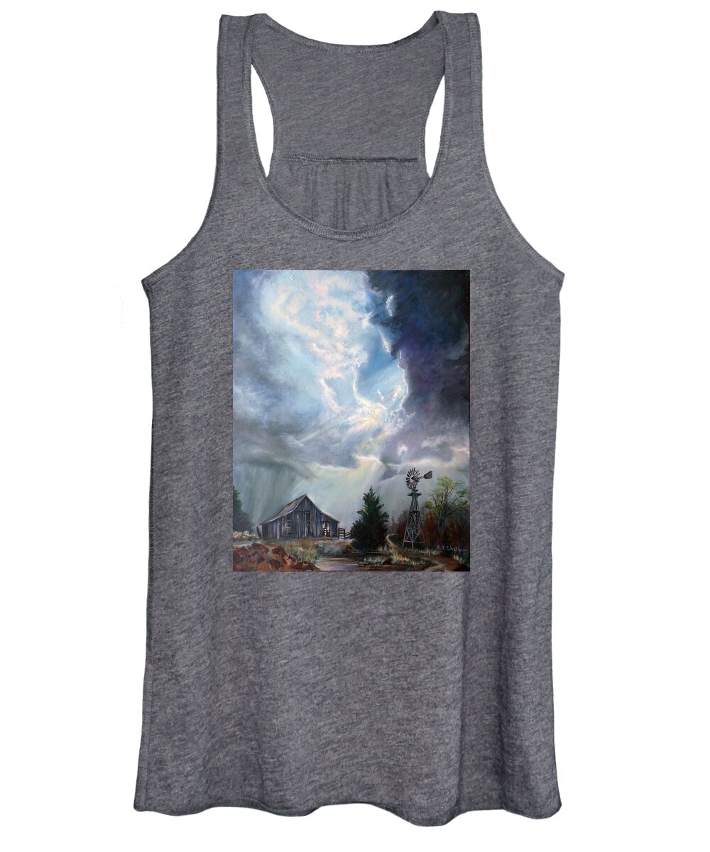 Texas Landscape Art Women's Tank Top featuring the painting Texas Thunderstorm by Karen Kennedy Chatham