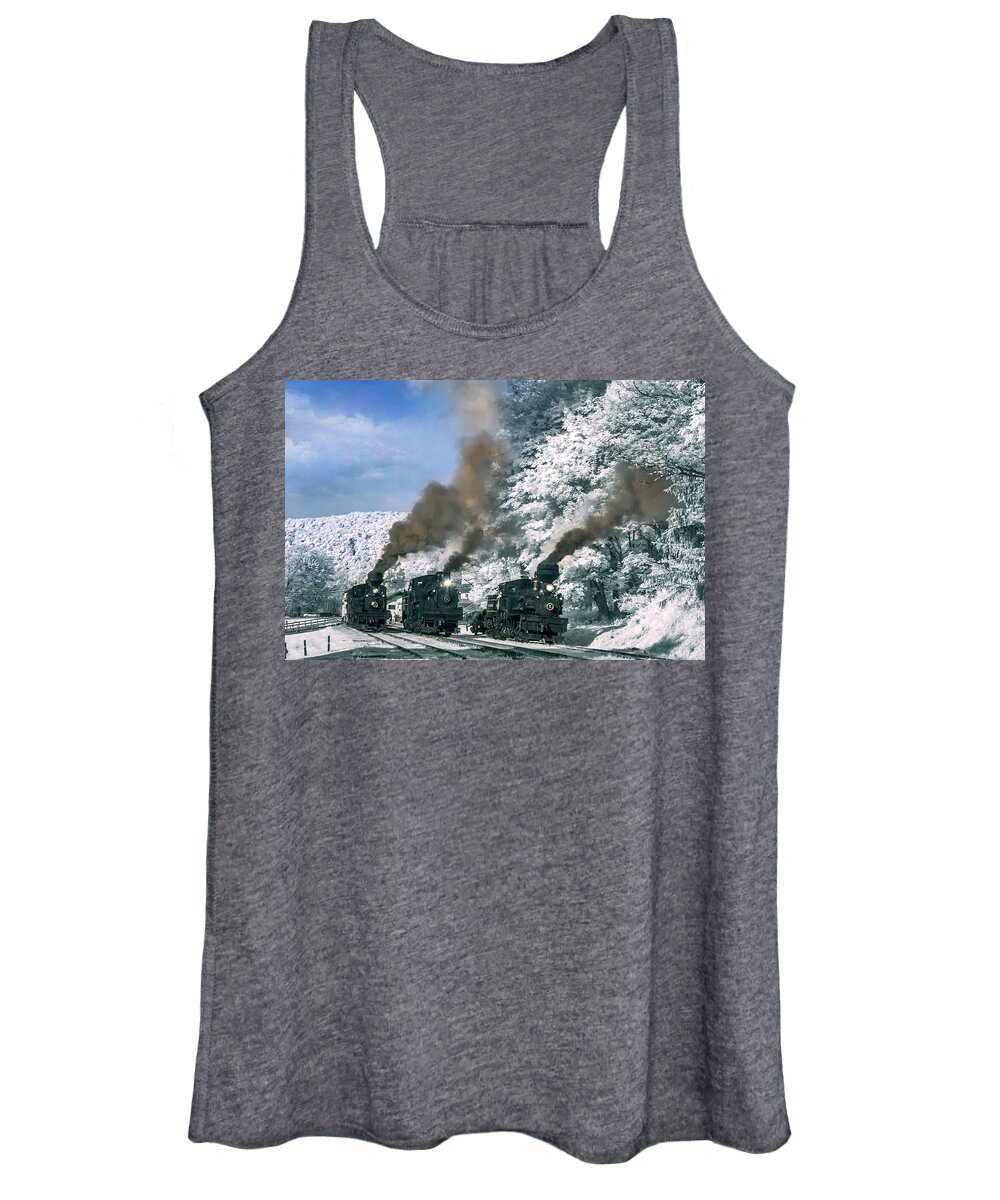 Cass Scenic Railroad Women's Tank Top featuring the photograph The Great Train Race by Mary Almond