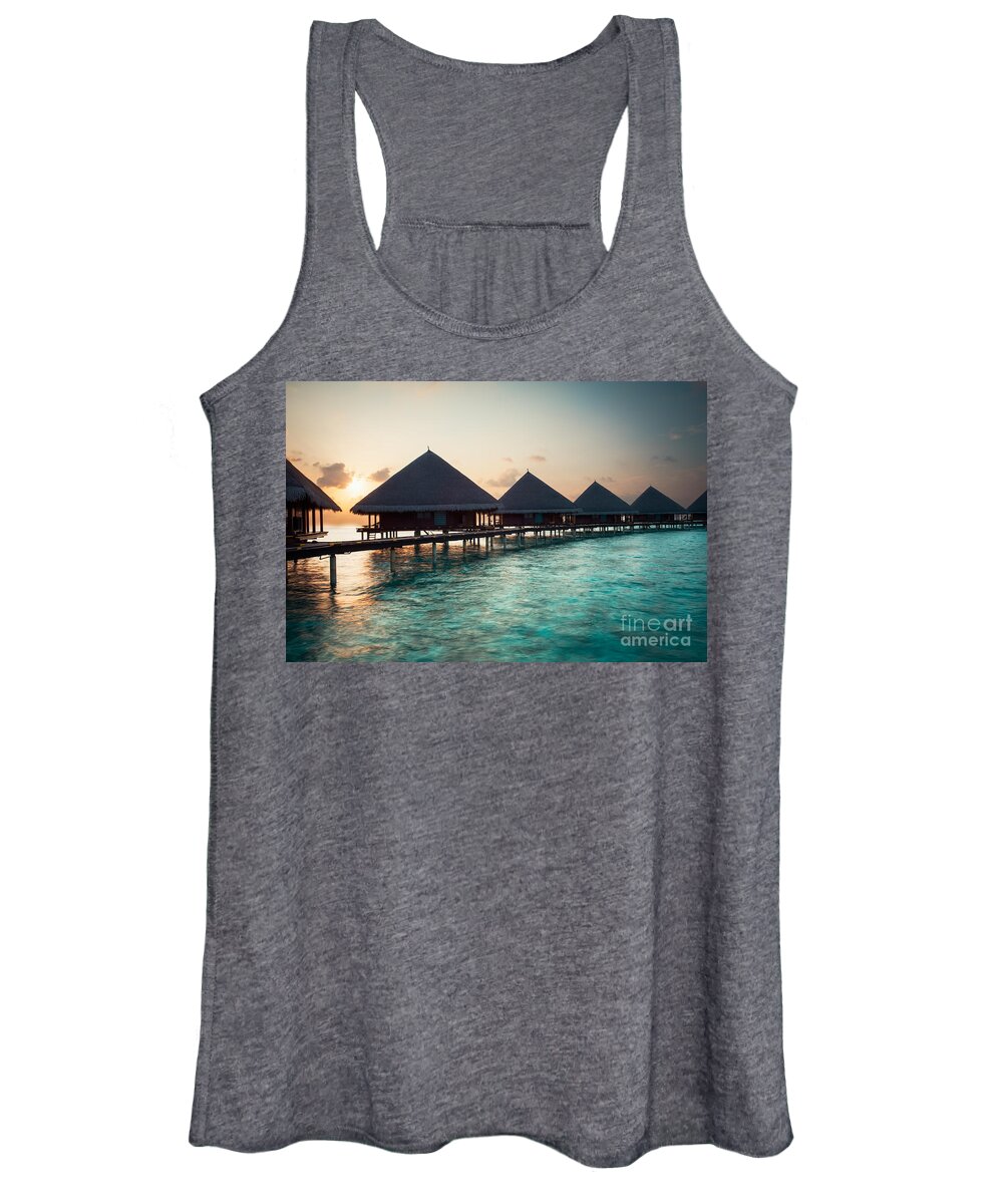 Amazing Women's Tank Top featuring the photograph Waterbungalows At Sunset by Hannes Cmarits