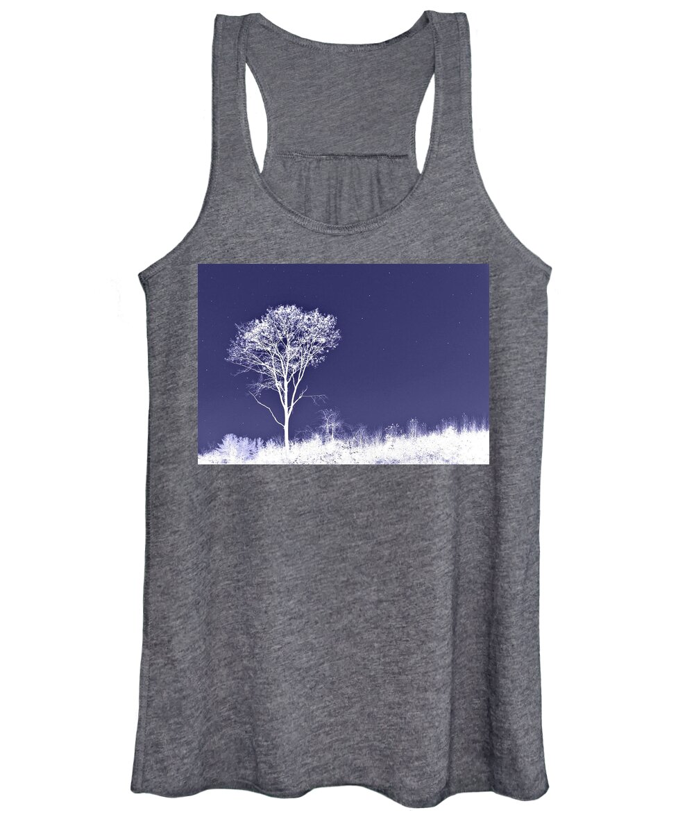 Tree Women's Tank Top featuring the photograph White Tree - Blue Sky - Silver Stars by Phyllis Meinke