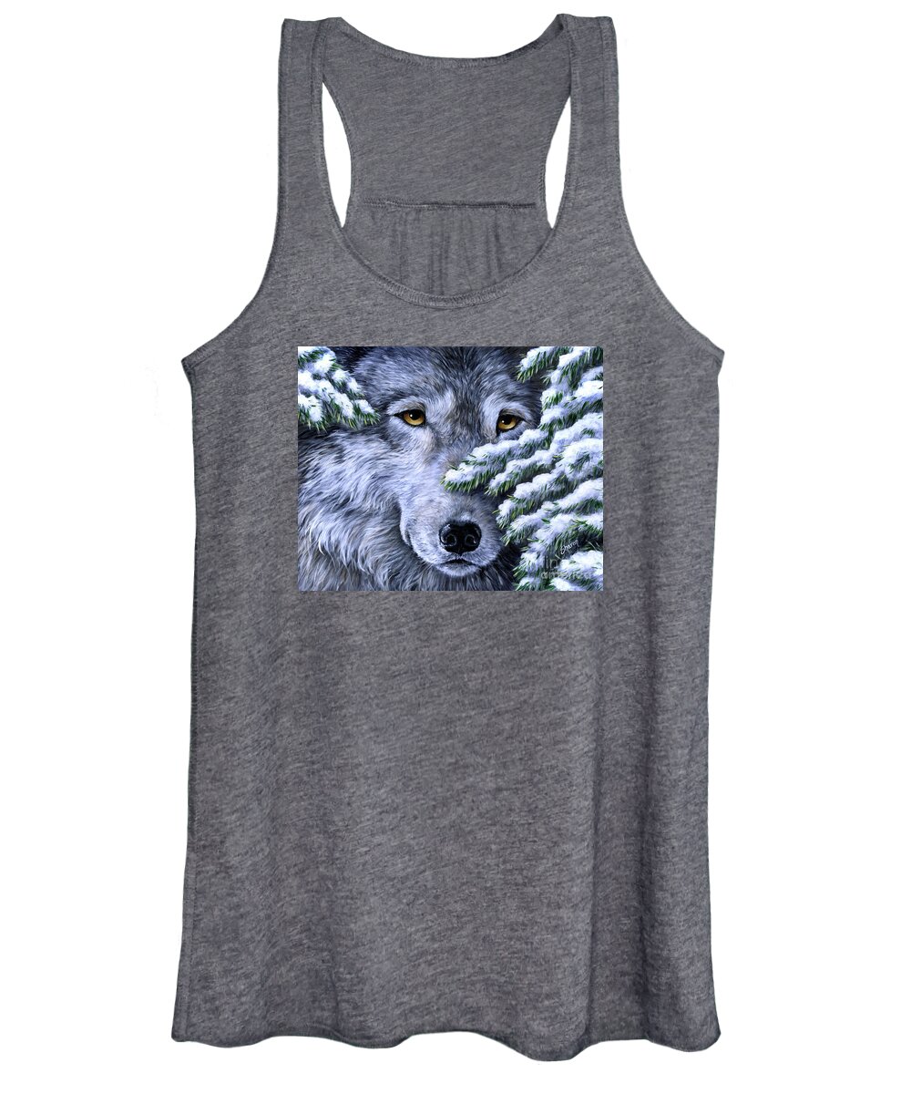 Wolf Women's Tank Top featuring the painting Wolf - Peering Out by Sharon Molinaro