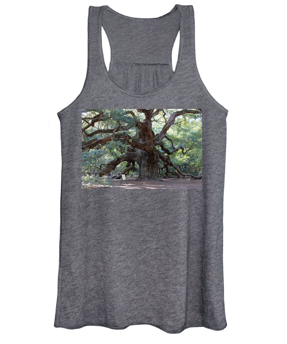 Angel Oak Women's Tank Top featuring the photograph Angel Oak - Dont Climb or Carve on the Tree by Suzanne Gaff