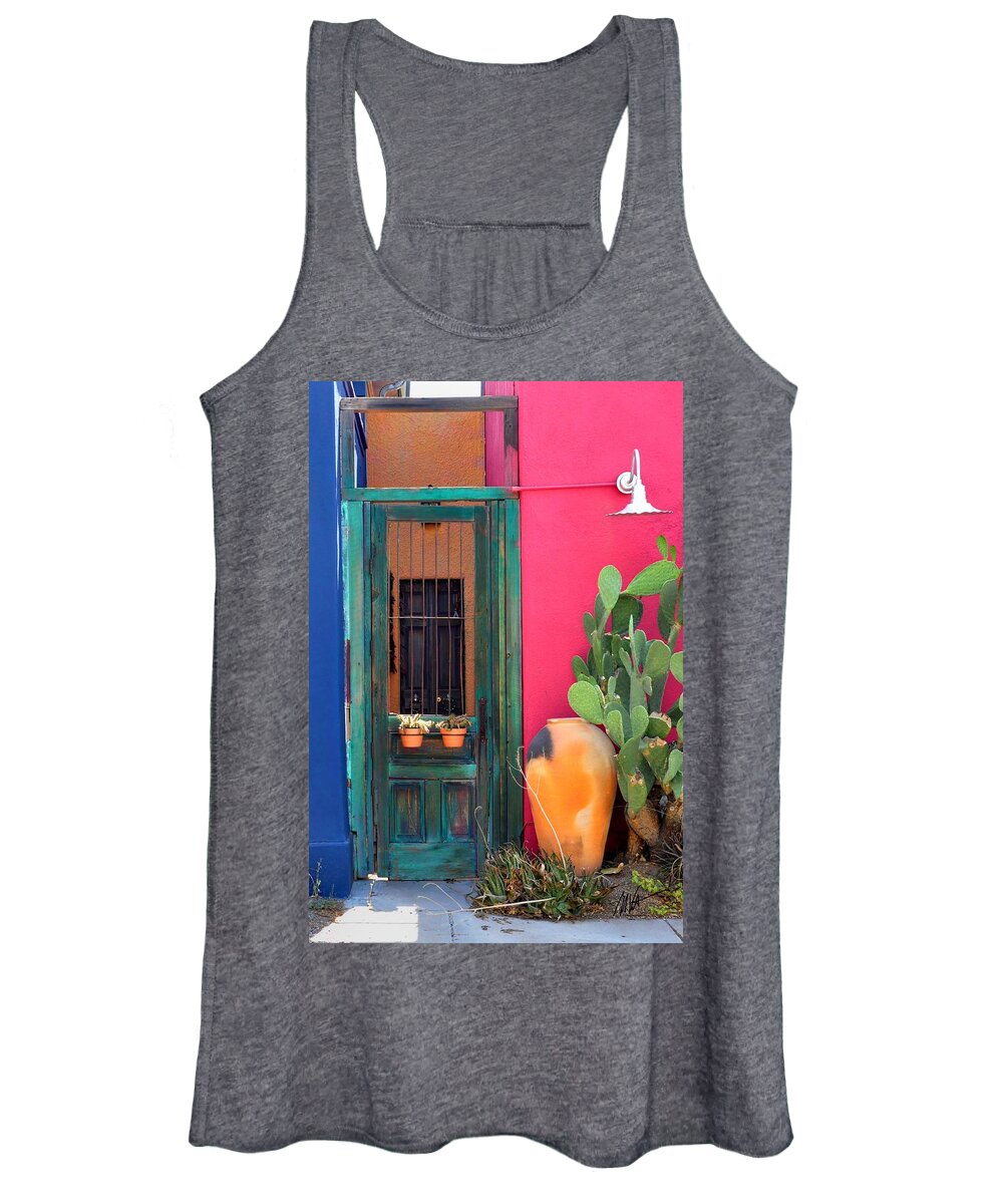 Tucson Women's Tank Top featuring the photograph Barrio Door Pink Blue and Gray by Mark Valentine