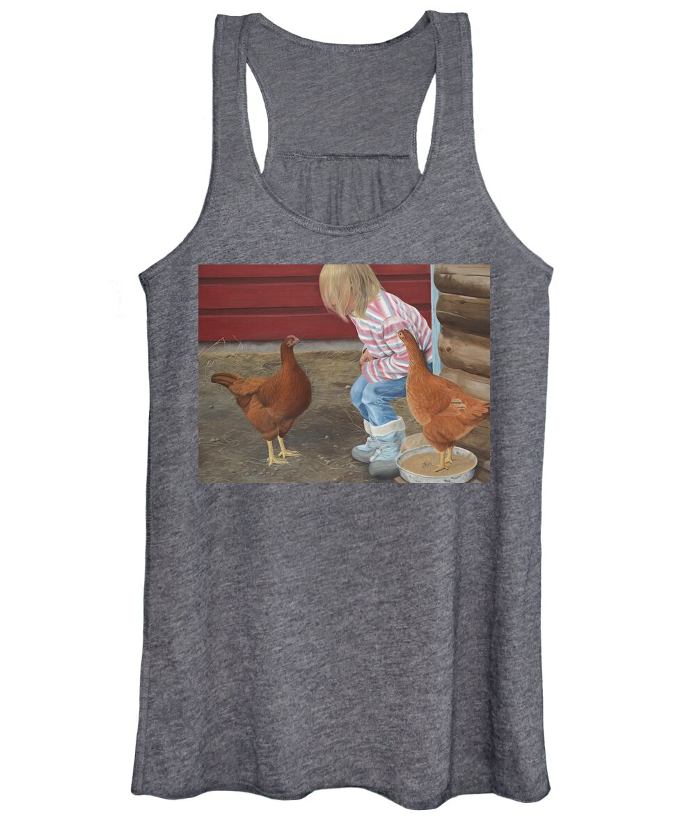 Girl And Chickens Women's Tank Top featuring the painting Chicken Talk by Tammy Taylor