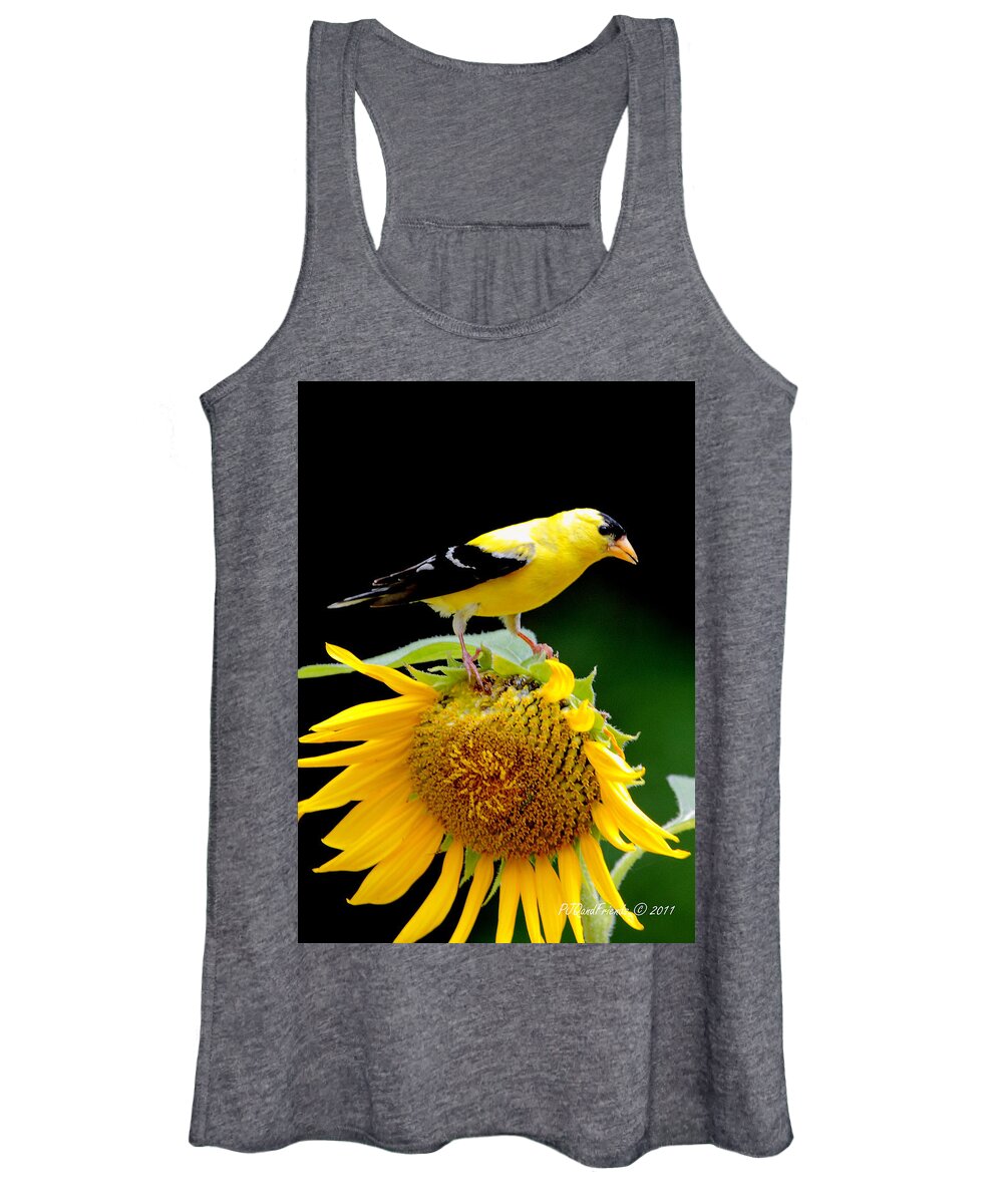  Women's Tank Top featuring the photograph 'Goldfinch on Sunflower' by PJQandFriends Photography