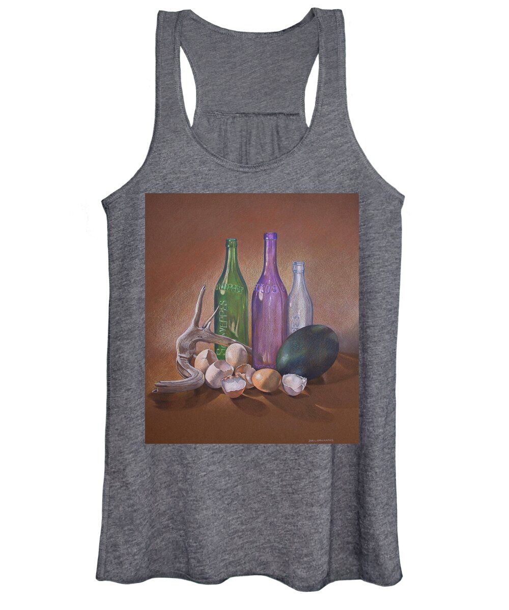 Jan Lawnikanis Women's Tank Top featuring the drawing Old Bottles Egg Shells and Driftwood by Jan Lawnikanis
