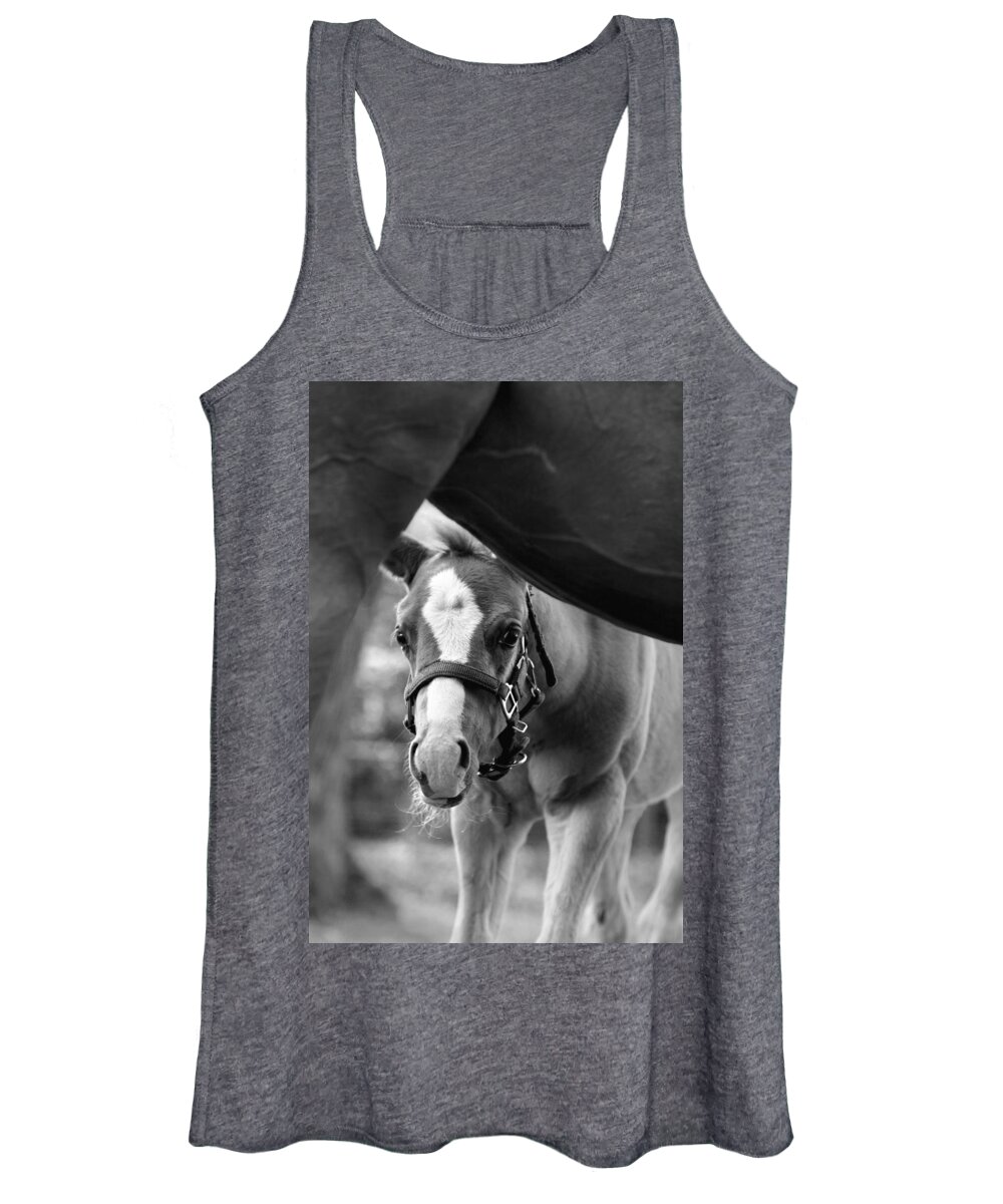 Horse Women's Tank Top featuring the photograph Peek'a Boo - Black and White by Angela Rath