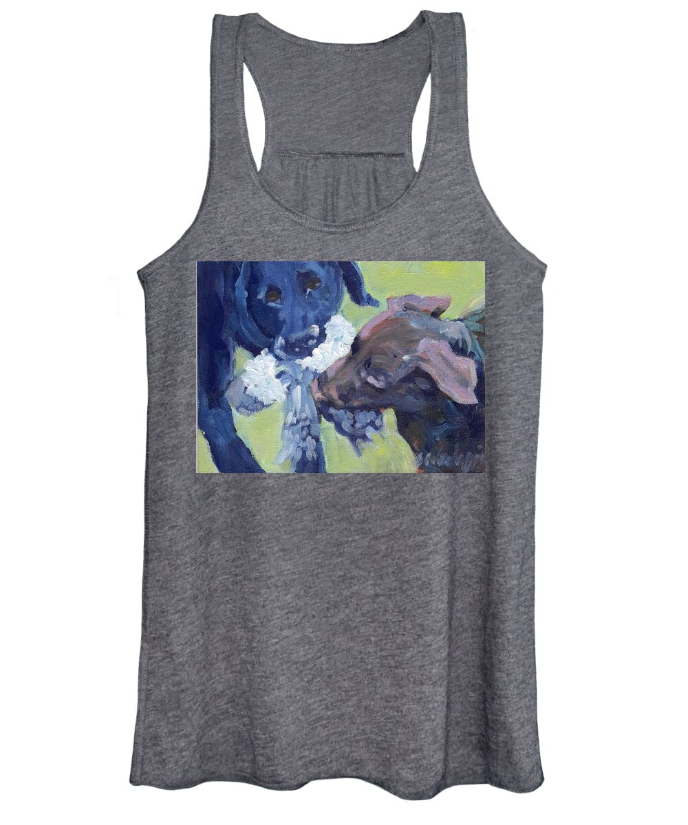 Chocolate Lab Pup Women's Tank Top featuring the painting Tug O War by Sheila Wedegis