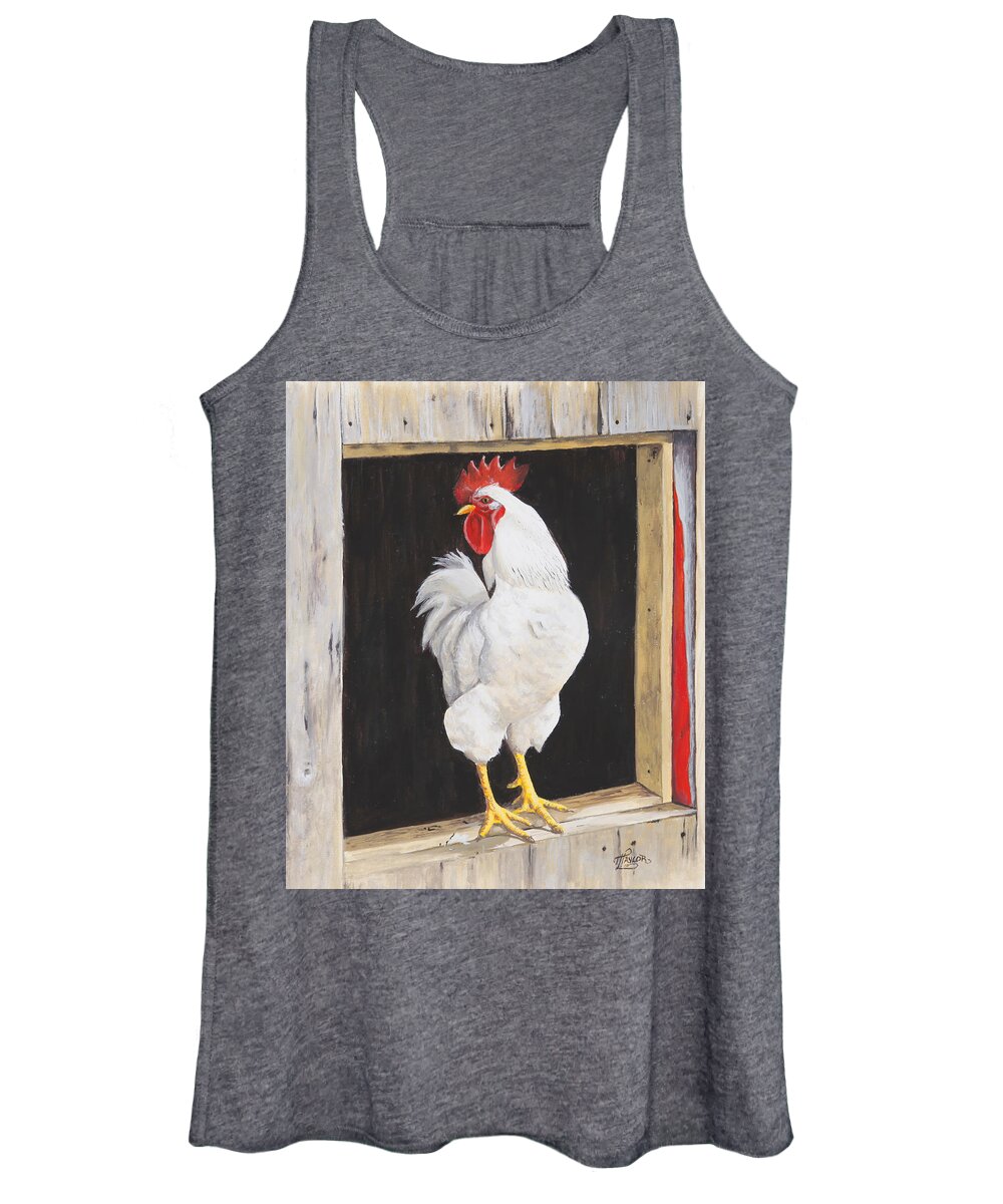 Rooster Perched At His Coop Women's Tank Top featuring the painting Wake Up Call by Tammy Taylor