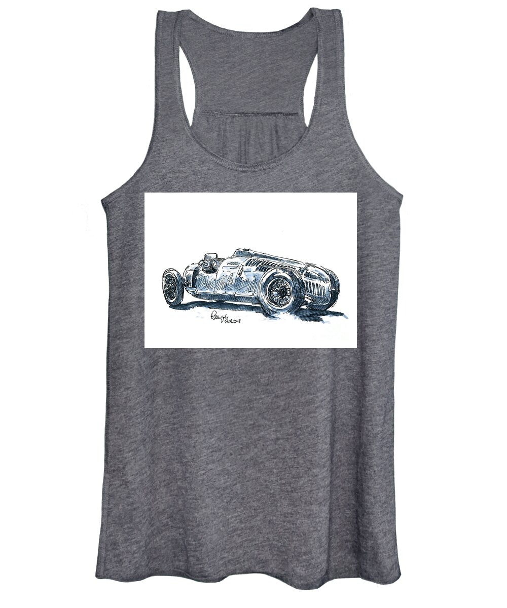 Classic Women's Tank Top featuring the drawing Auto Union Typ C Classic Racecar Ink Drawing and Watercolor #1 by Frank Ramspott