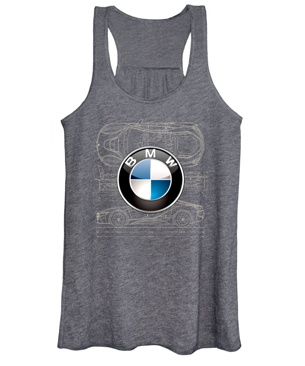 wheels Of Fortune By Serge Averbukh Women's Tank Top featuring the photograph B M W 3 D Badge over B M W i8 Blueprint #1 by Serge Averbukh