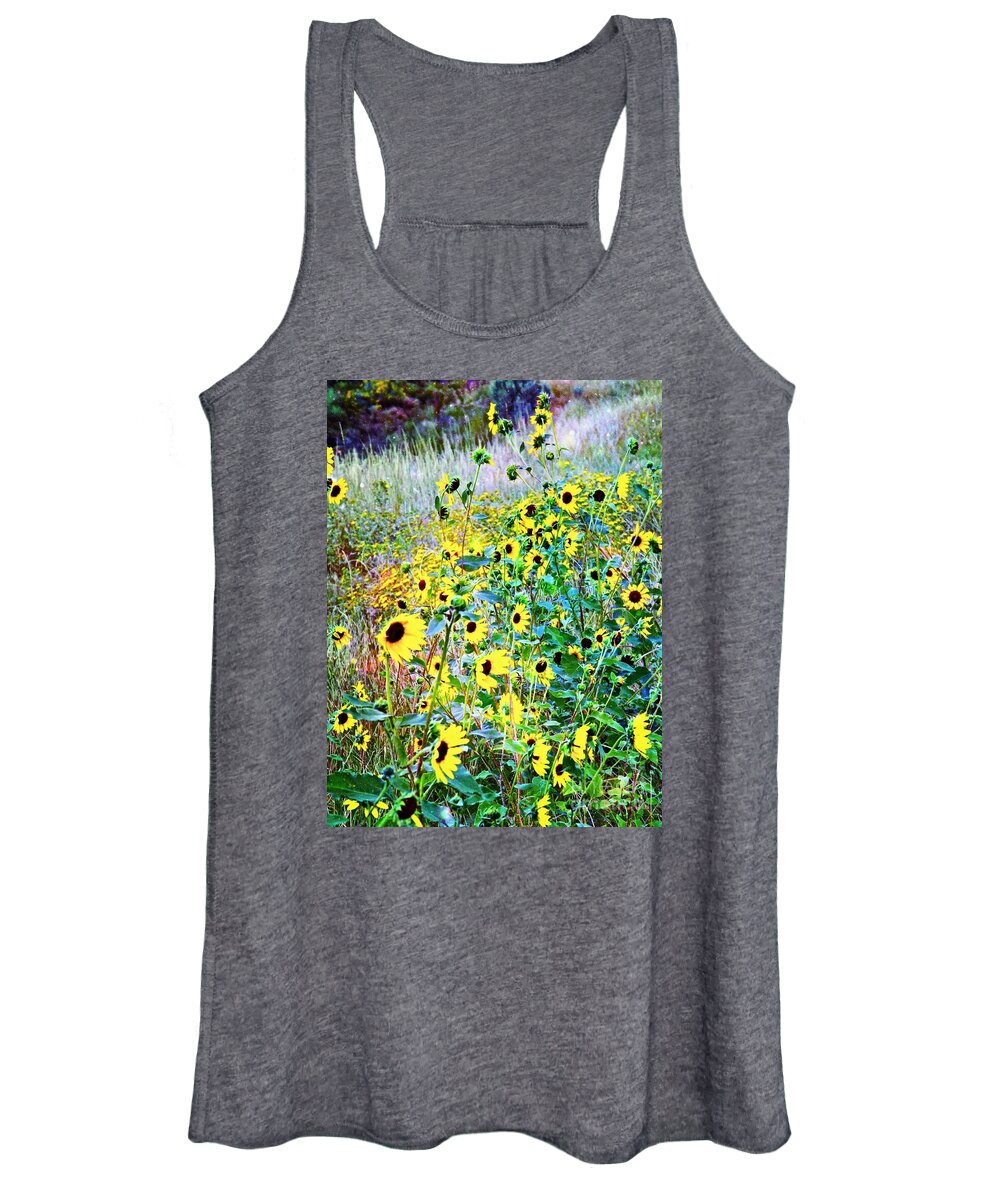  Wind Swept Black Eyed Susans In Dry Grass Field Women's Tank Top featuring the digital art Back Eyed Susans #1 by Annie Gibbons