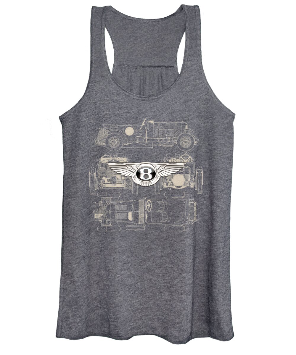 �wheels Of Fortune� By Serge Averbukh Women's Tank Top featuring the photograph Bentley - 3 D Badge over 1930 Bentley 4.5 Liter Blower Vintage Blueprint by Serge Averbukh