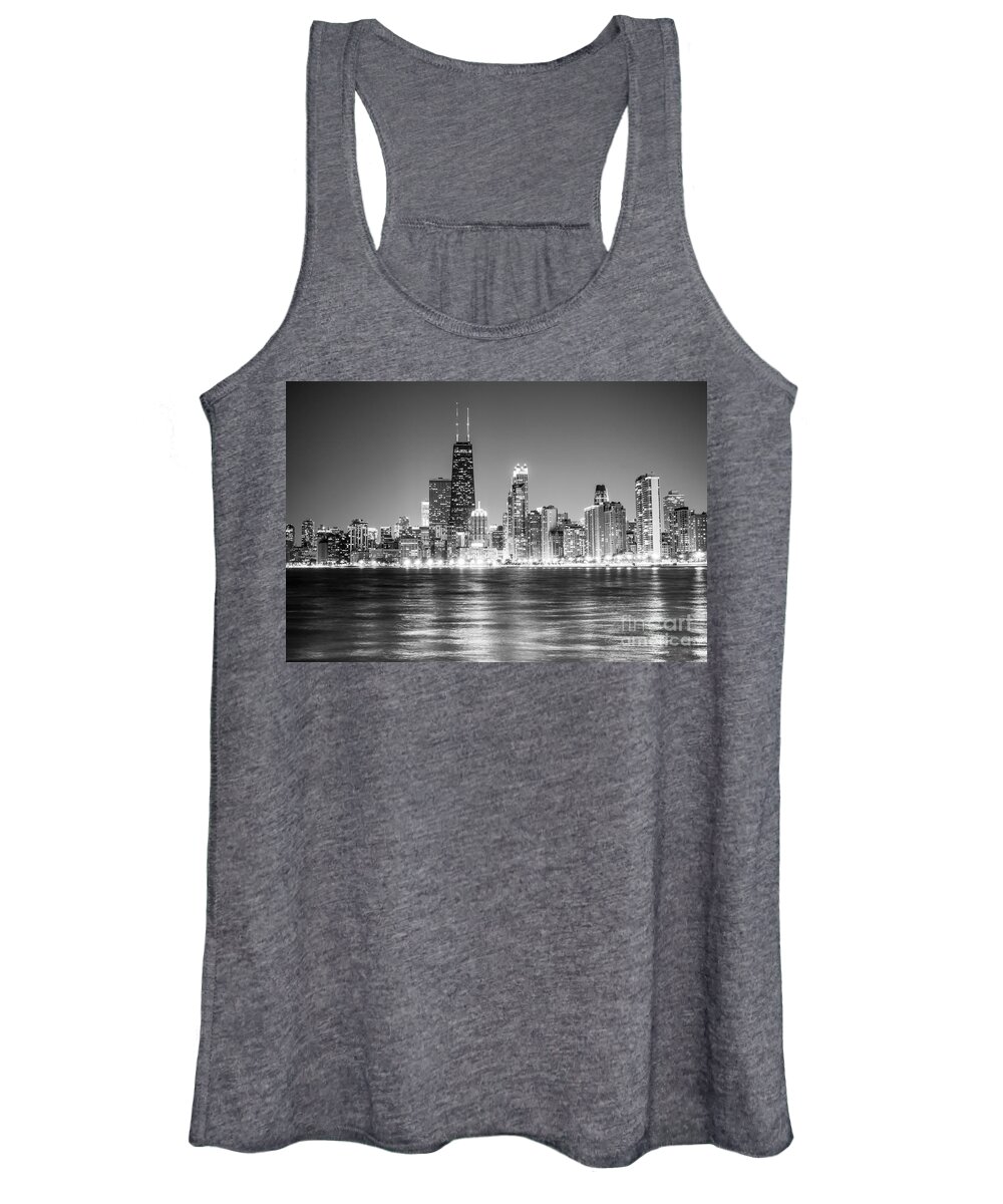 America Women's Tank Top featuring the photograph Chicago Lakefront Skyline Black and White Photo #1 by Paul Velgos