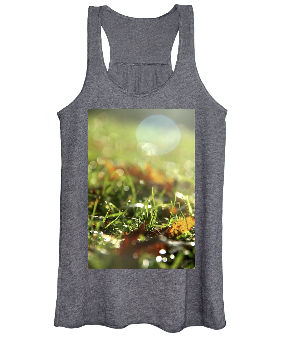 Dry Women's Tank Top featuring the photograph Close-up of dry leaves on grass, in a sunny, humid autumn morning #1 by Emanuel Tanjala