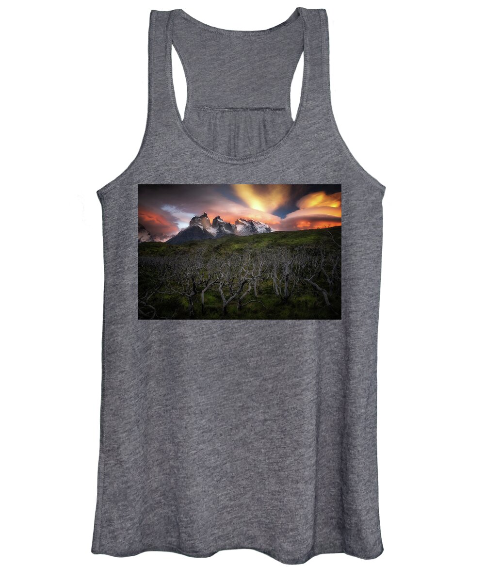 Paine Massif Women's Tank Top featuring the photograph Fire in the Sky #1 by Nicki Frates
