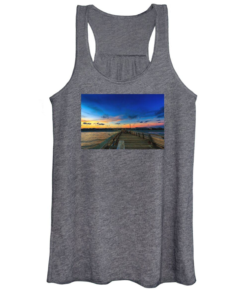 Oak Island Women's Tank Top featuring the photograph Pier View Sunset #1 by Nick Noble