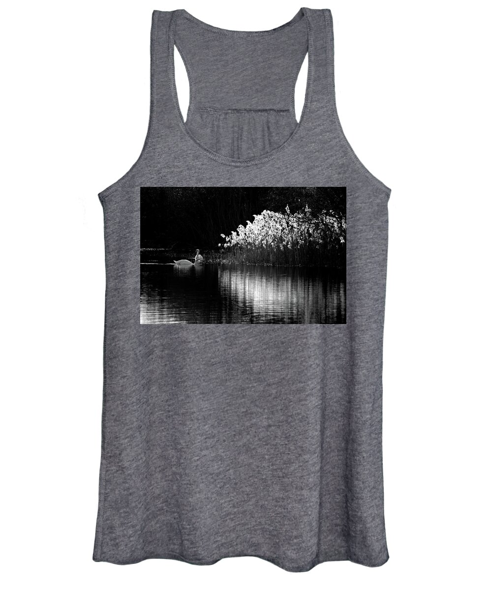 Swans Reeds Monochrome Women's Tank Top featuring the photograph Swans and reeds #1 by Ian Sanders