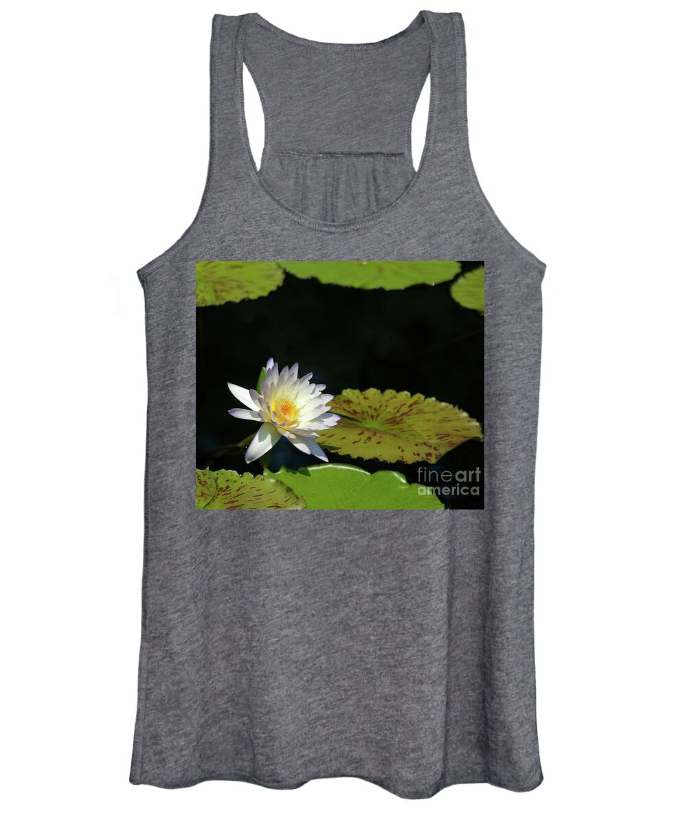 White Women's Tank Top featuring the photograph White Lotus Waterlily and lily pads by Jackie Irwin