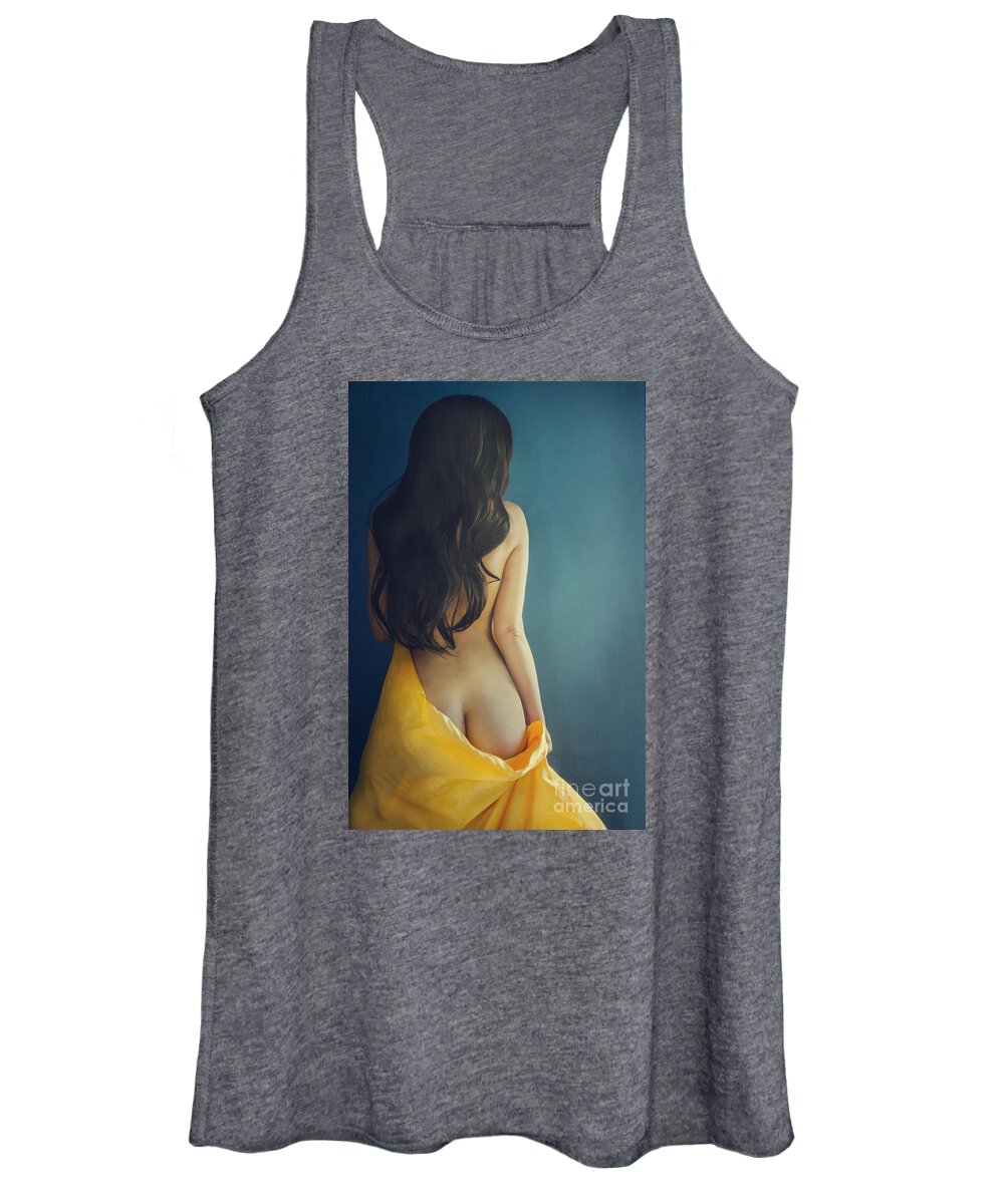 Woman Women's Tank Top featuring the photograph Woman with yellow silk on blue background by Jelena Jovanovic