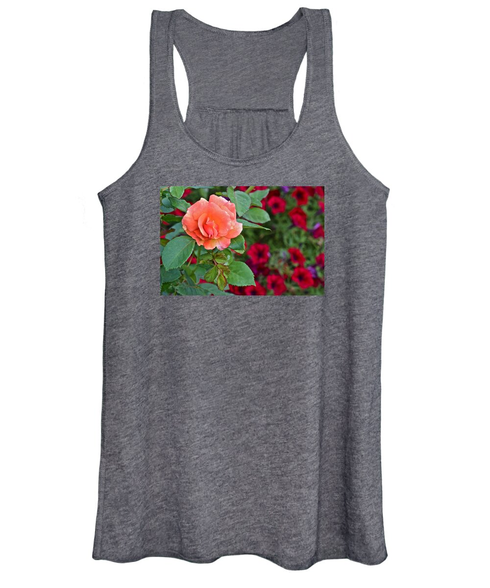 Rose Women's Tank Top featuring the photograph 2015 Fall Equinox at the Garden Sunset Rose and Petunias by Janis Senungetuk