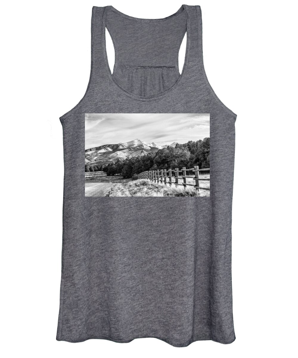 Coaldale; Colorado; Mountains; Rocky Mountains; Snow-capped Mountains; Winter; Evergreen; Trees; Fence; Wooden Fence; Road; Dirt Road; B/w Photo; Black And White Photograph; Black And White Photography; Black And White Pictures; Bw Photo Women's Tank Top featuring the photograph 201702180-003K Log-fence-dirt-road 2x3 by Alan Tonnesen