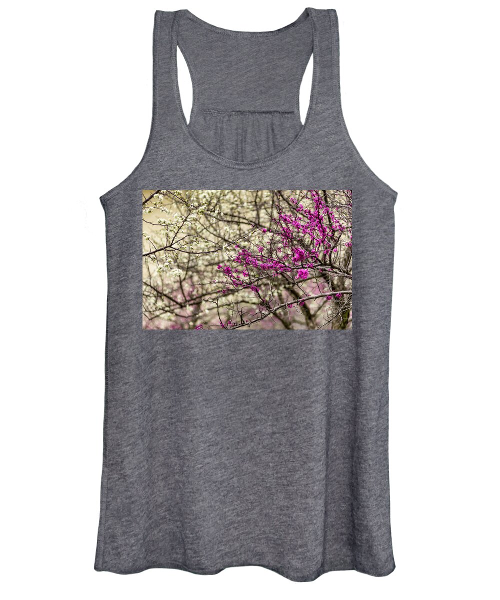 Texas; Spring; Redbud Tree; Flowers; Blooms; Blossoms; Purple Flower; White Flower; Trees; Flowering Tree; Tree Flowers; Color Images; Color Photo; Color Photograph; Color Pictures; 2017; 2010s; February; Central Texas Hill Country Women's Tank Top featuring the photograph 201702260-043 Redbud Tree Blooming 2x3 by Alan Tonnesen