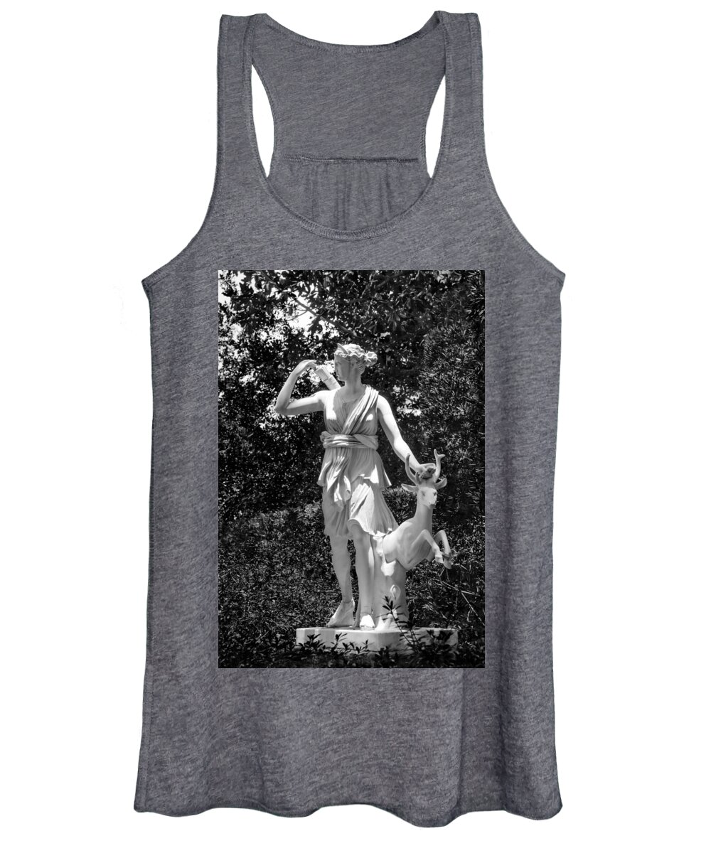 Garden; Summer; Orientation Portrait; Vertical Format; 2017; 2010s; Statue; Deer; July; Monochrome; B/w Photo; Black And White Photograph; Black And White Pictures; Bw Photo Women's Tank Top featuring the photograph 201707040-003HK Dianna Statue 2x3 BW by Alan Tonnesen