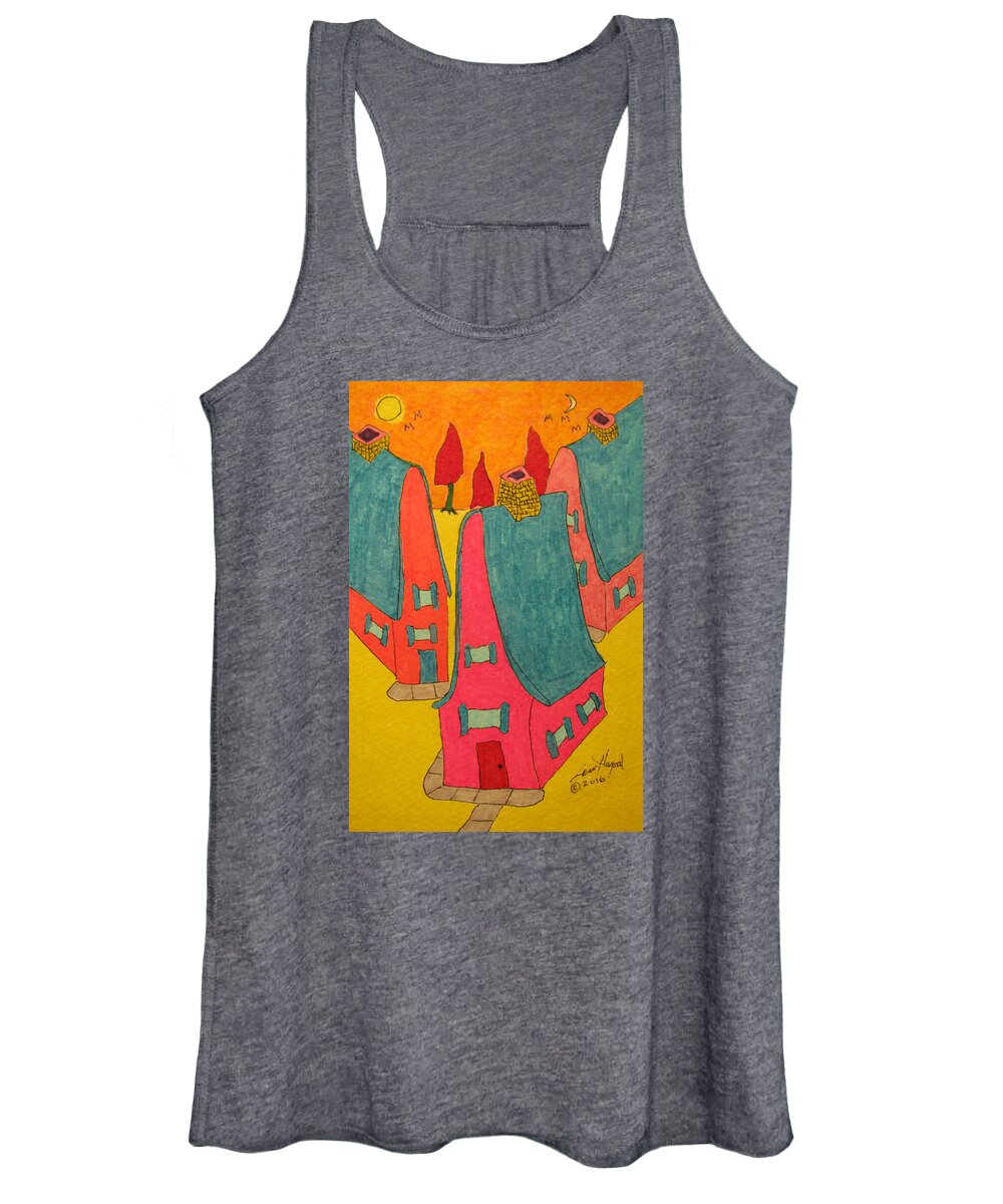 Hagood Women's Tank Top featuring the painting 3 Homes With Three Red Trees by Lew Hagood