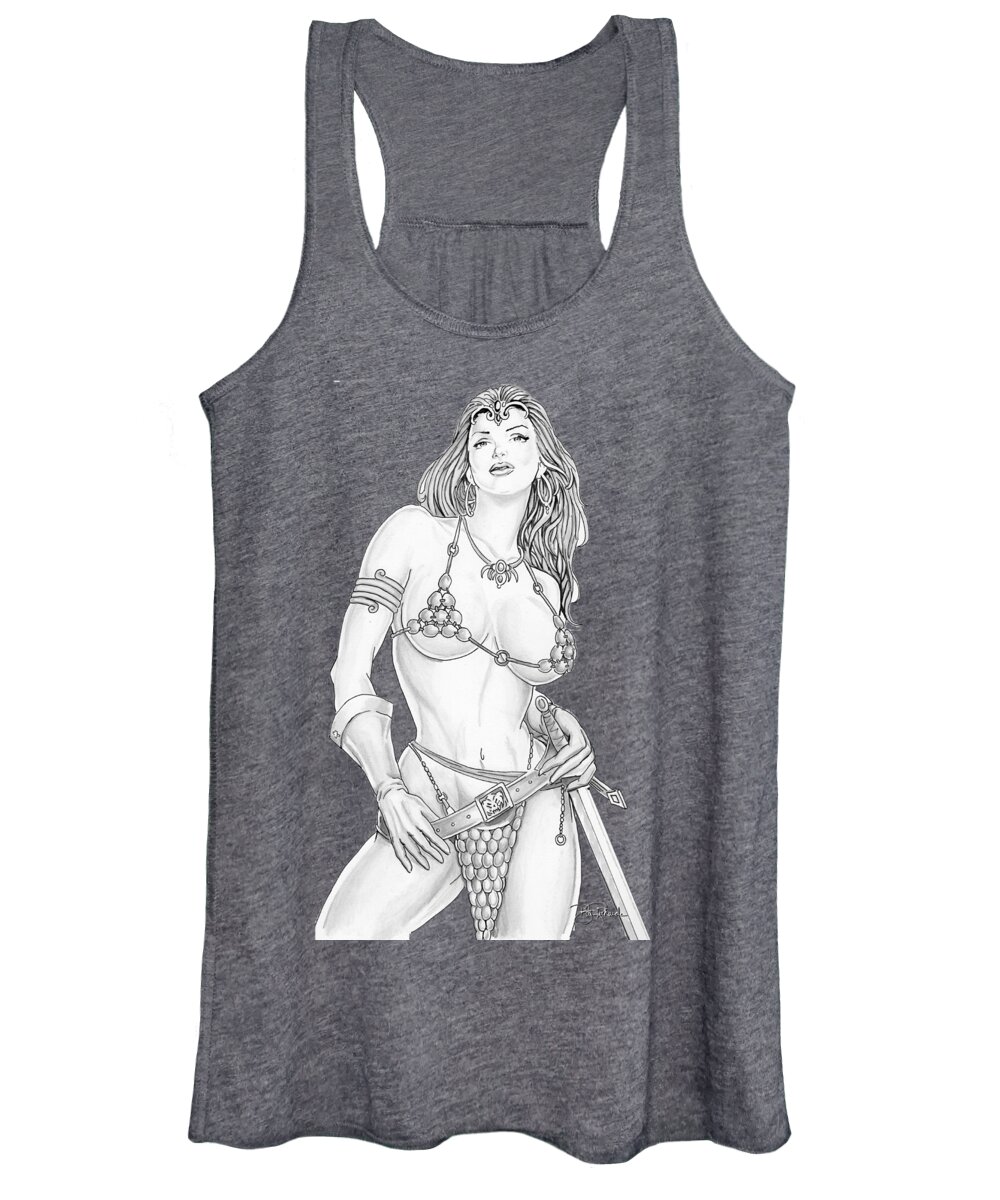 Red Women's Tank Top featuring the drawing Red Sonja #7 by Bill Richards