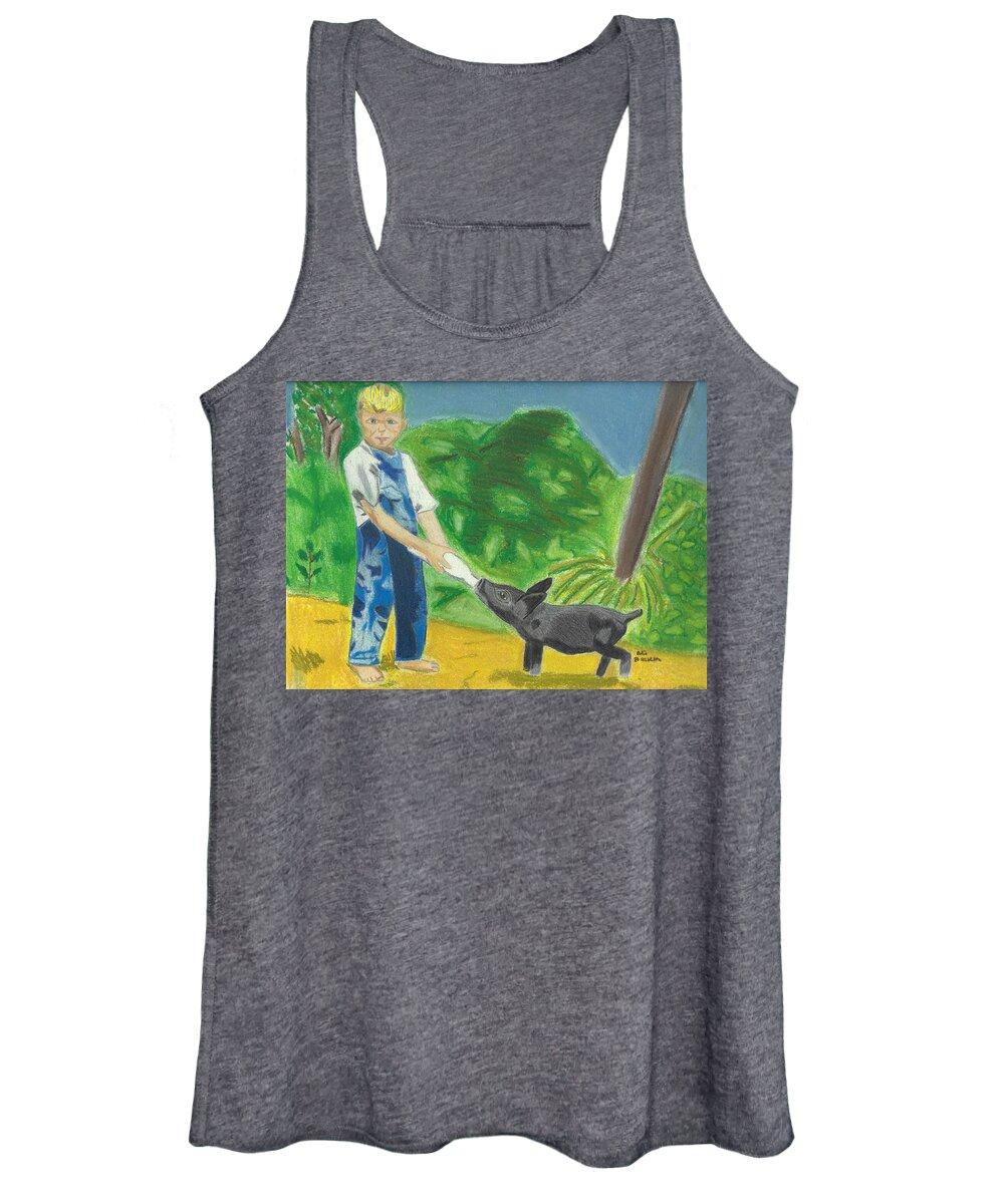 Boy Women's Tank Top featuring the drawing A Boy and his Pig by Ali Baucom