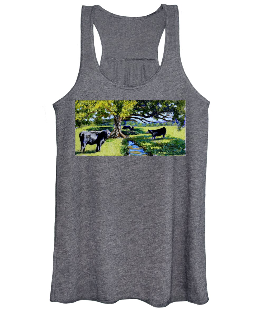 Impressionist Painting Of Cow And Bull Women's Tank Top featuring the painting A Challenging View by David Zimmerman